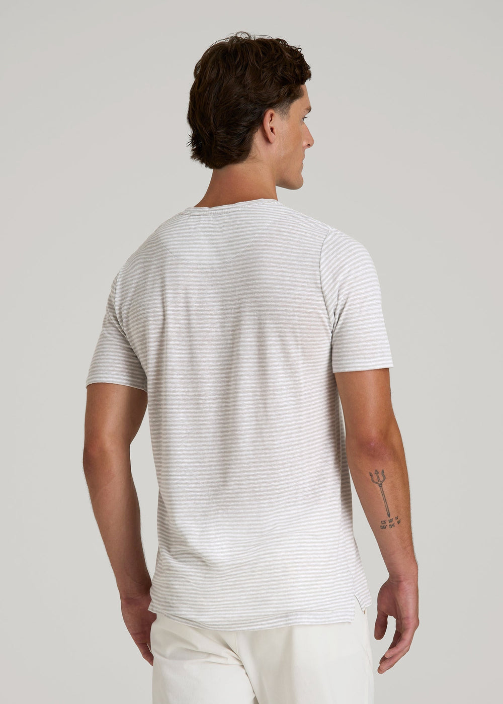 American Tall Online | Linen Crewneck T-Shirt for Tall Men in Grey and White Mini Stripe