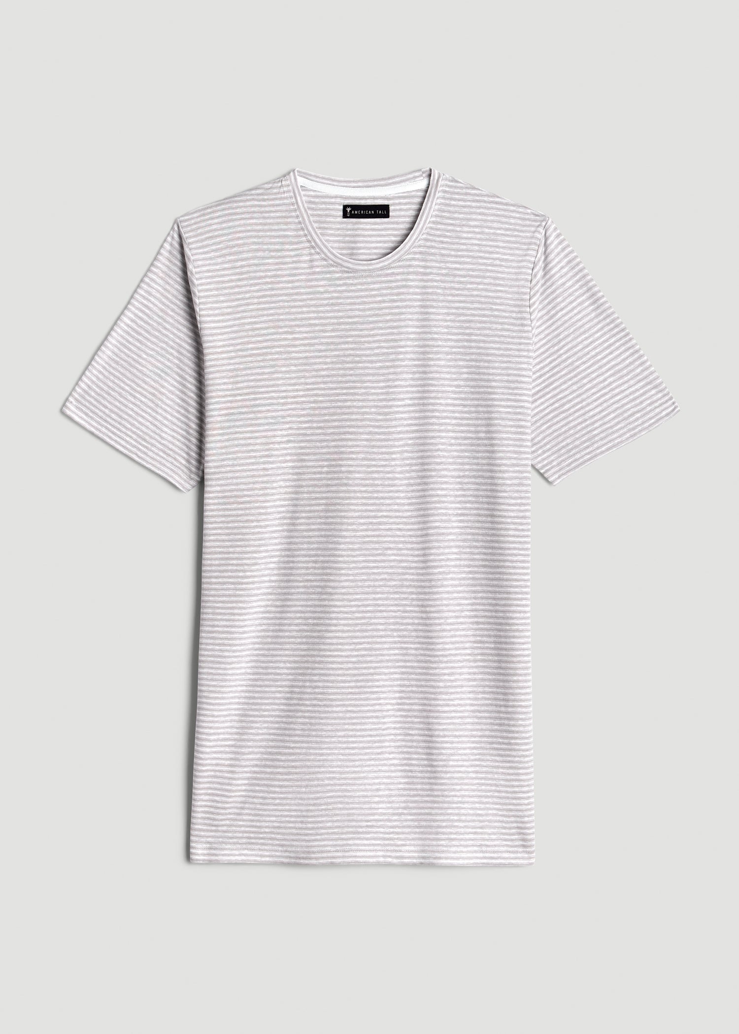 American Tall Online | Linen Crewneck T-Shirt for Tall Men in Grey and White Mini Stripe