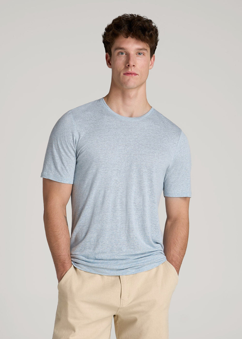 American Tall Sale | Linen Crewneck T-Shirt for Tall Men in Sky Blue Mix