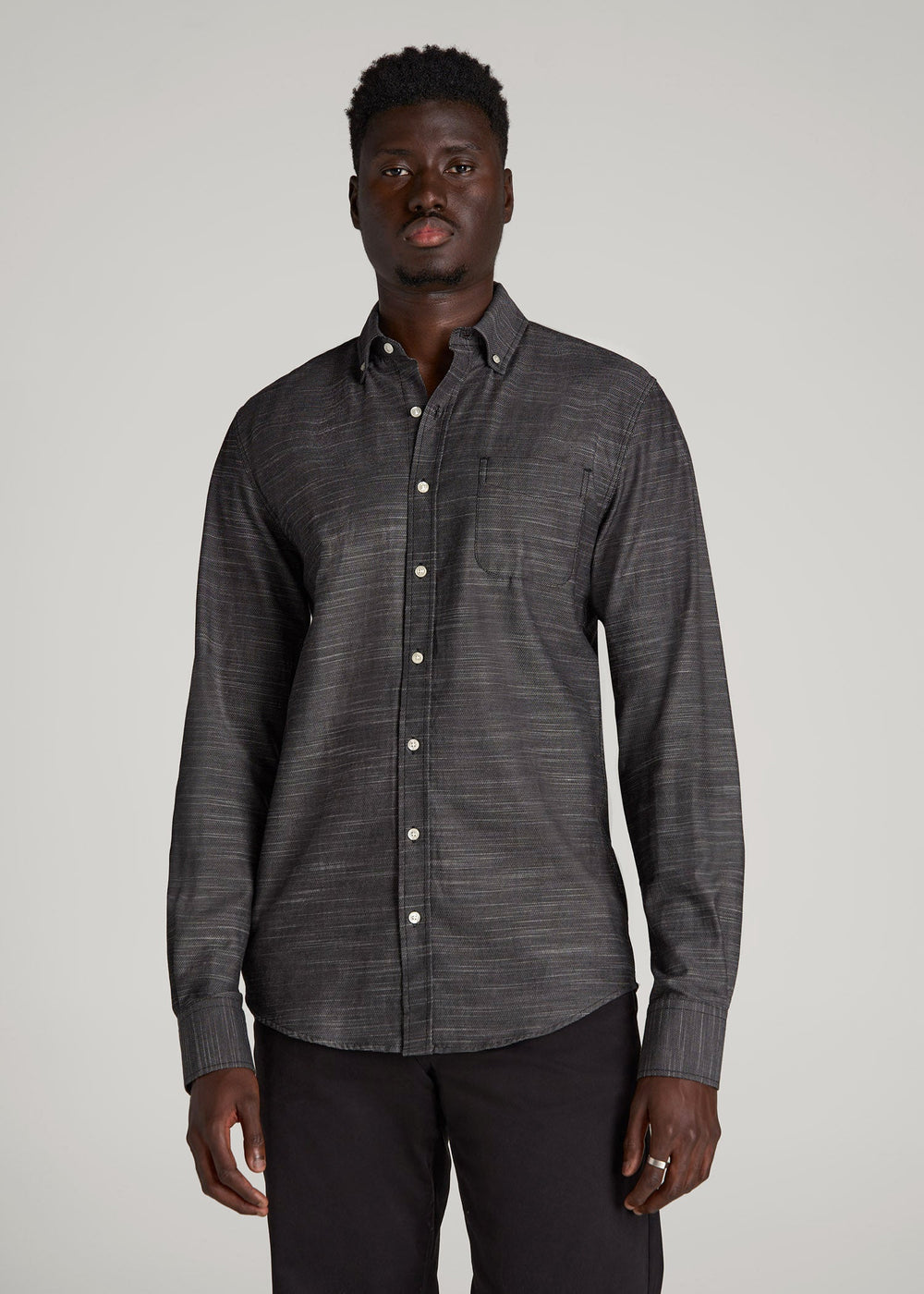 American Tall Online Shop | Textured Weave Cotton Button-Up Shirt for Tall Men in Black