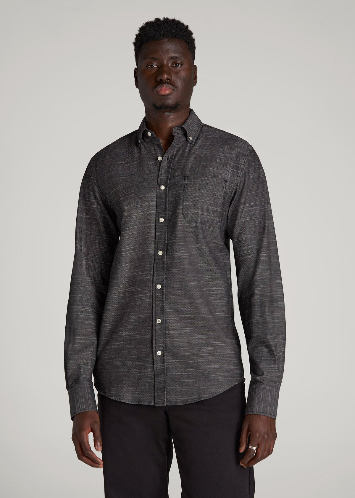 American Tall Online Shop | Textured Weave Cotton Button-Up Shirt for Tall Men in Black