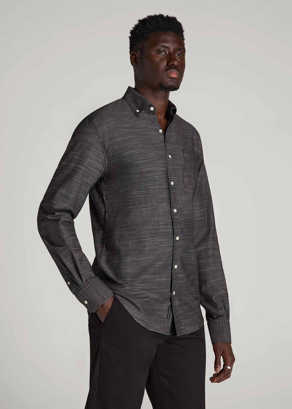American Tall Online Shop | Textured Weave Cotton Button-Up Shirt for Tall Men in Black