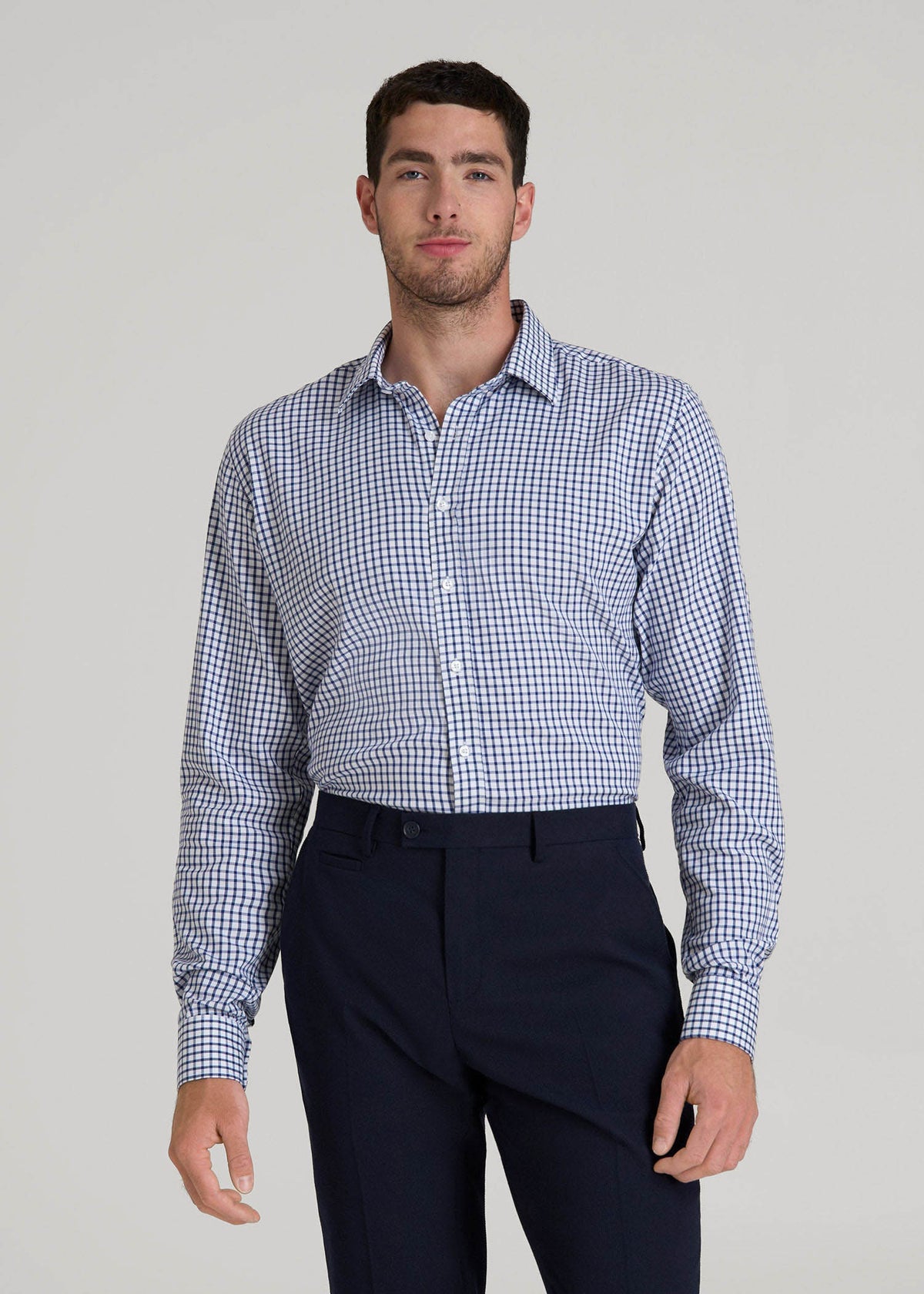 American Tall Discount | Oskar Easy Care Dress Shirt for Tall Men in Bright Blue Grid