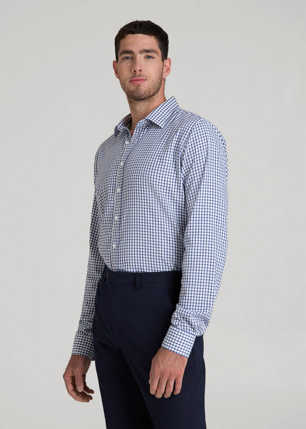 American Tall Discount | Oskar Easy Care Dress Shirt for Tall Men in Bright Blue Grid