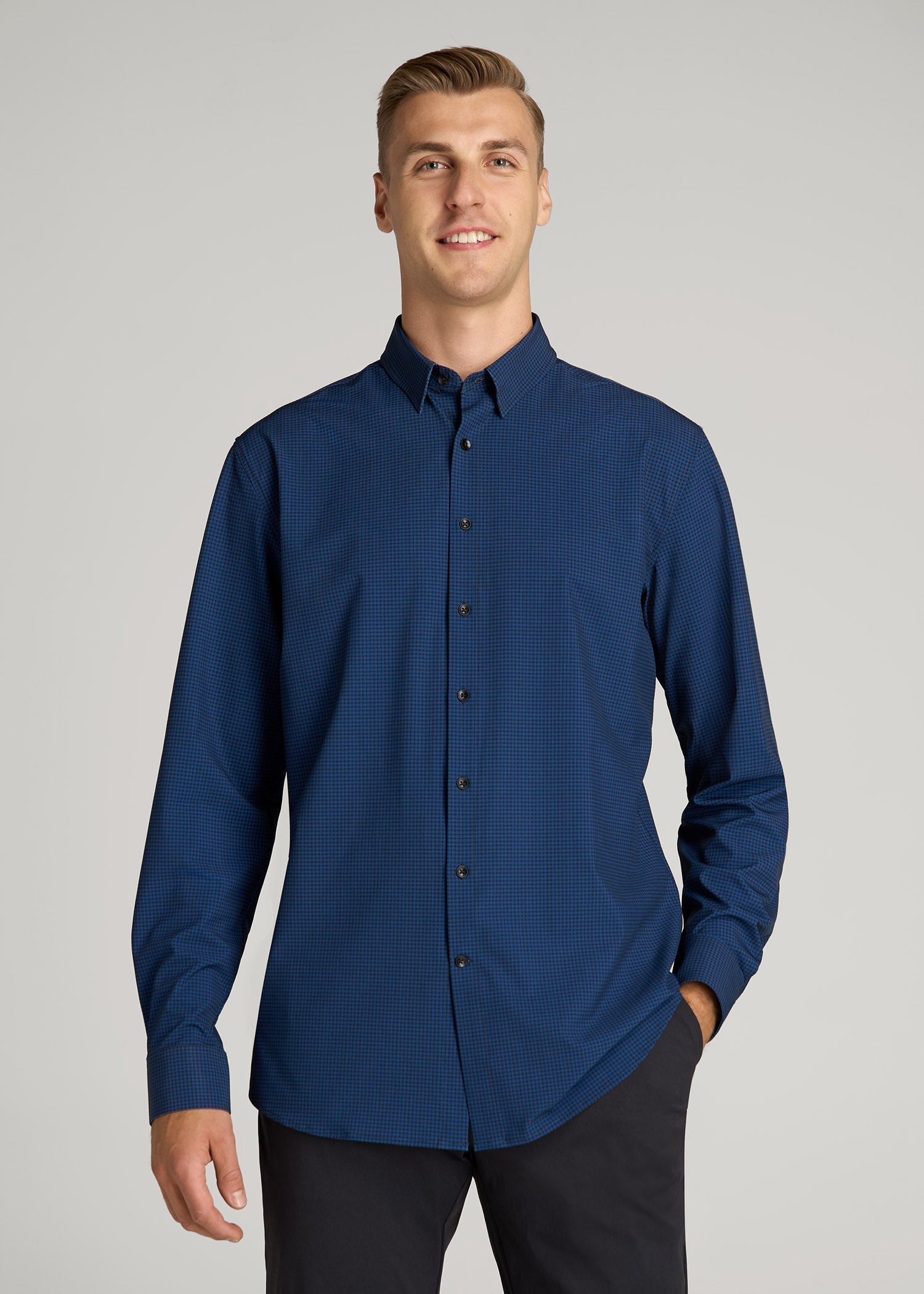 American Tall Online | Traveler Stretch Dress Shirt in Black and Blue Micro Check