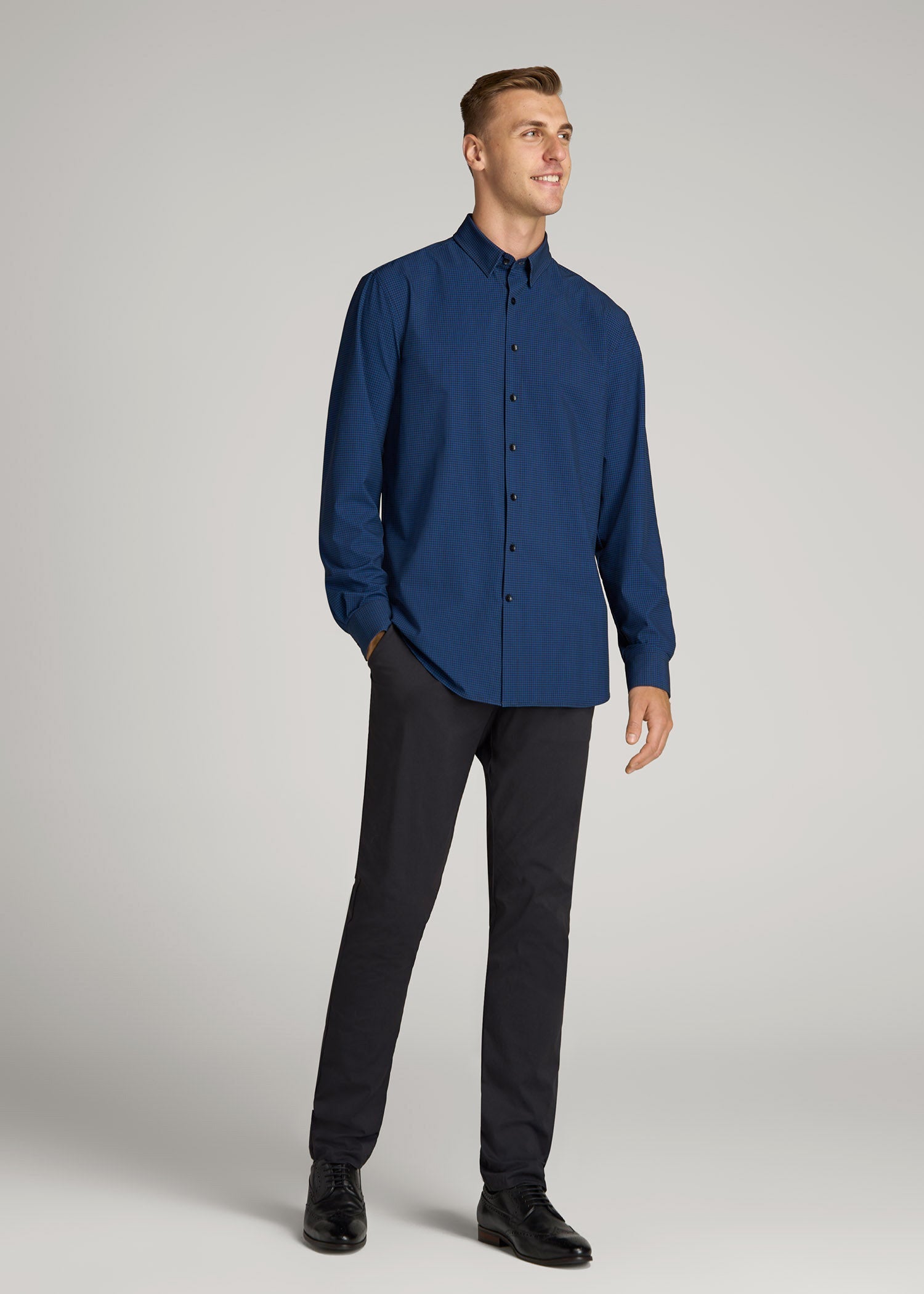 American Tall Online | Traveler Stretch Dress Shirt in Black and Blue Micro Check