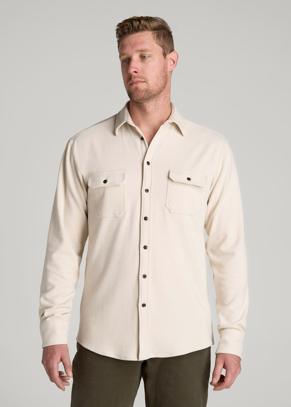 American Tall Online Shop | Stretch Flannel Button Shirt for Tall Men in Soft Beige
