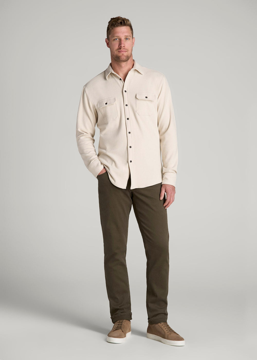 American Tall Online Shop | Stretch Flannel Button Shirt for Tall Men in Soft Beige