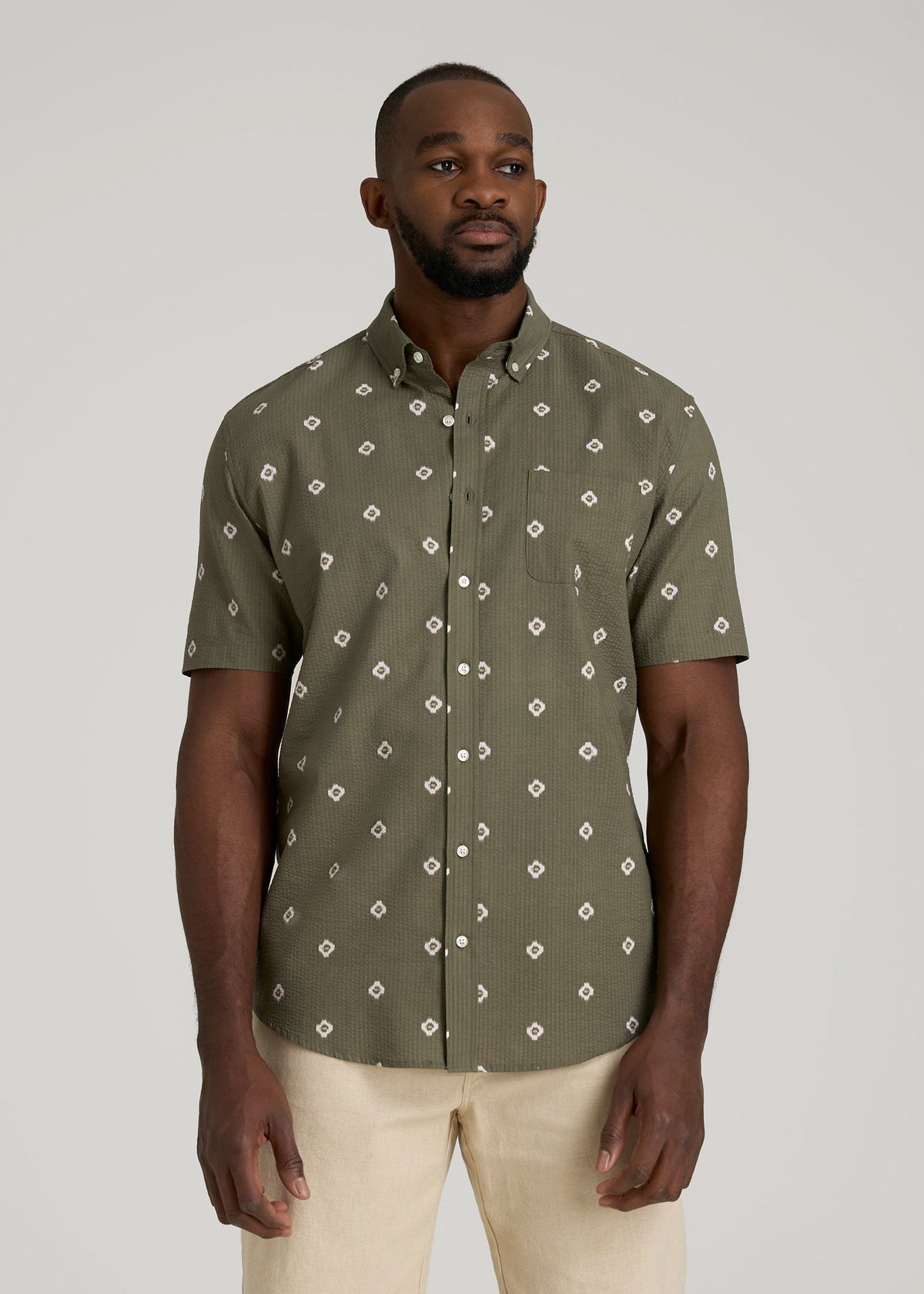 American Tall Online | Seersucker Short Sleeve Shirt for Tall Men in Olive and Beige Floral