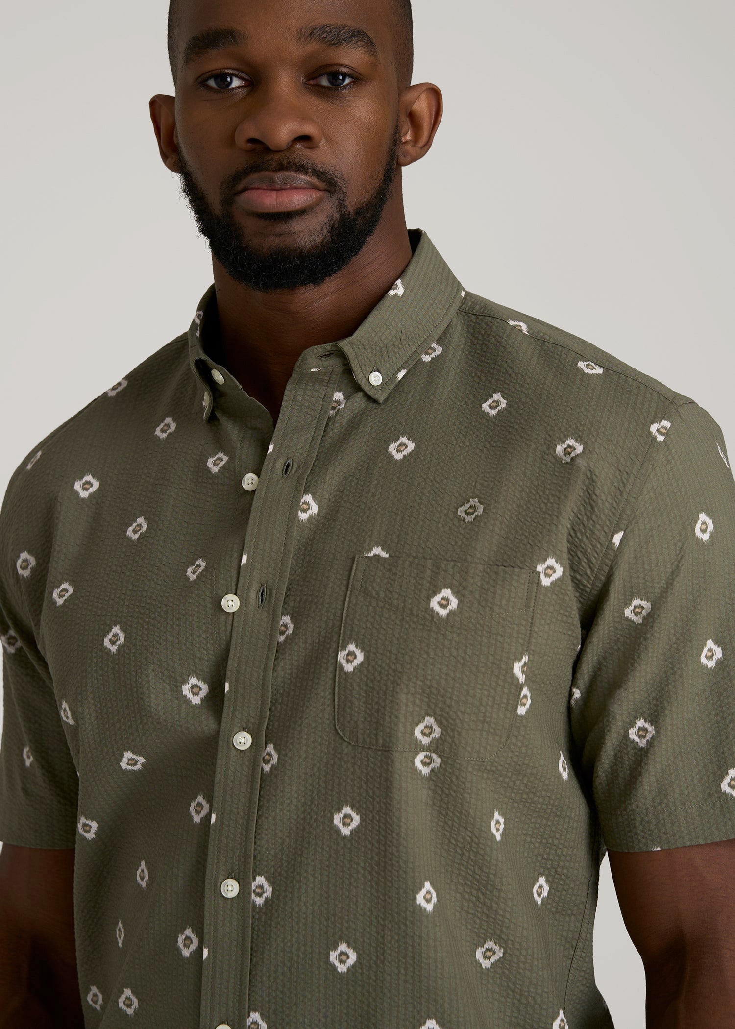 American Tall Online | Seersucker Short Sleeve Shirt for Tall Men in Olive and Beige Floral