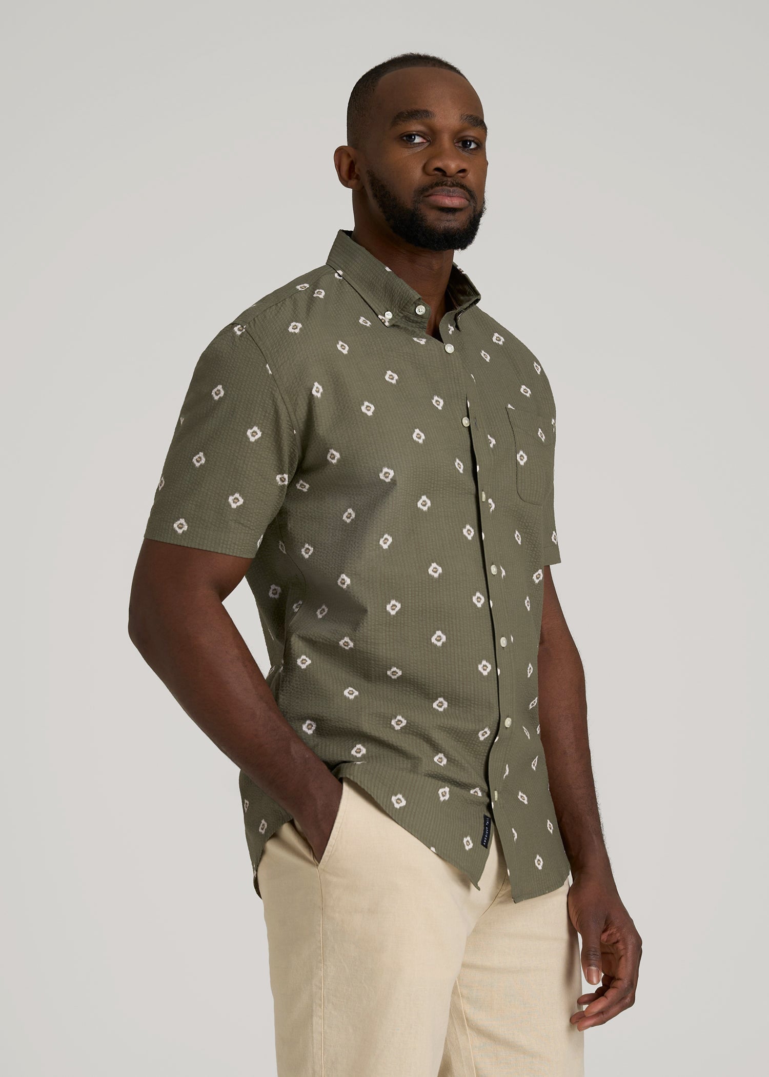 American Tall Online | Seersucker Short Sleeve Shirt for Tall Men in Olive and Beige Floral