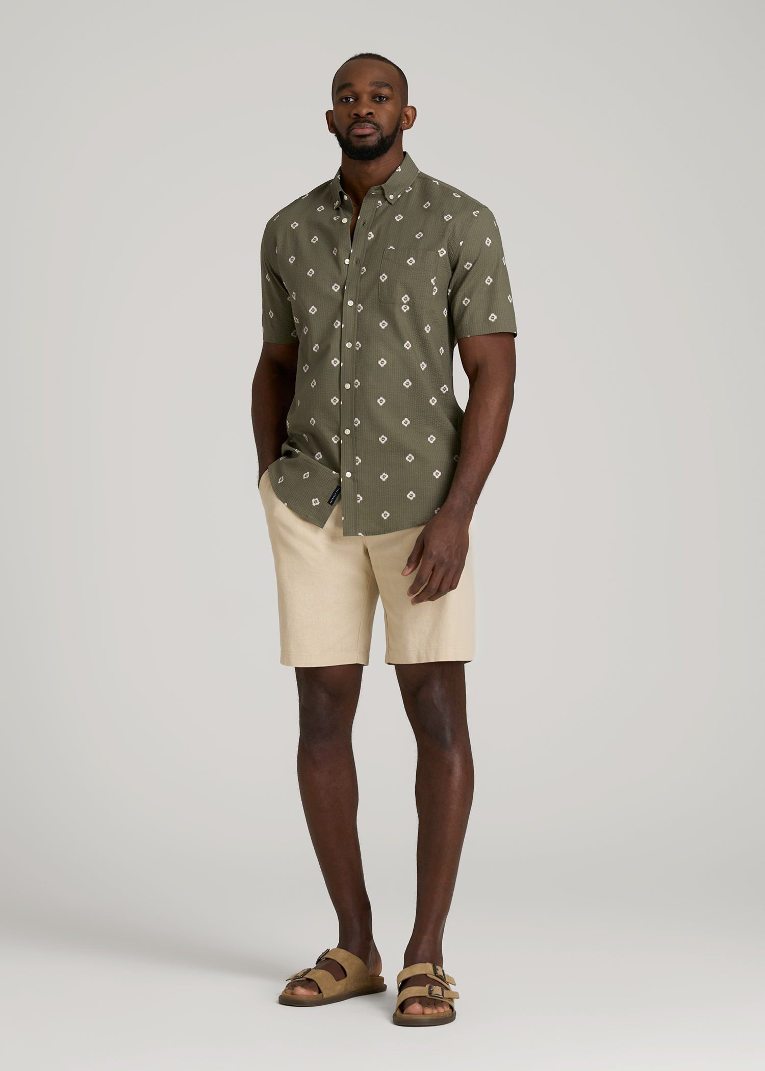 American Tall Online | Seersucker Short Sleeve Shirt for Tall Men in Olive and Beige Floral
