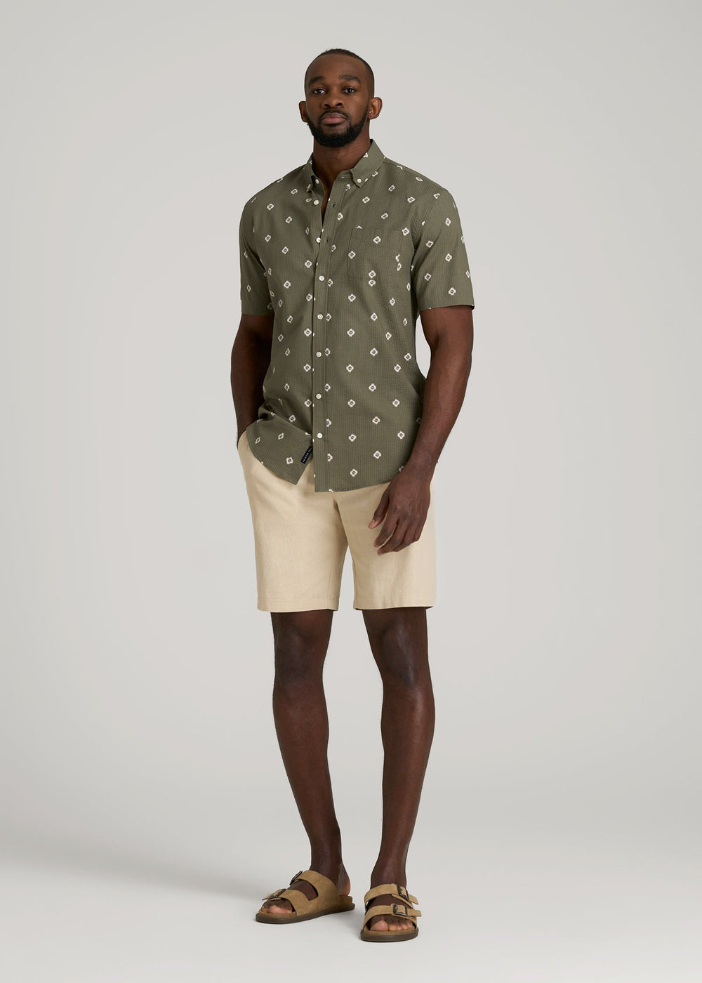 American Tall Online | Seersucker Short Sleeve Shirt for Tall Men in Olive and Beige Floral