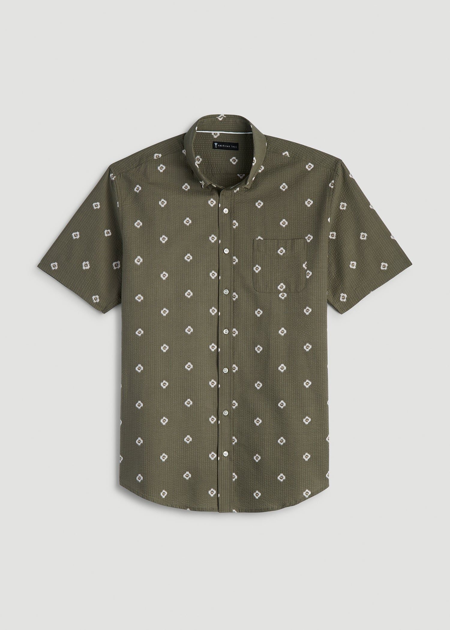 American Tall Online | Seersucker Short Sleeve Shirt for Tall Men in Olive and Beige Floral