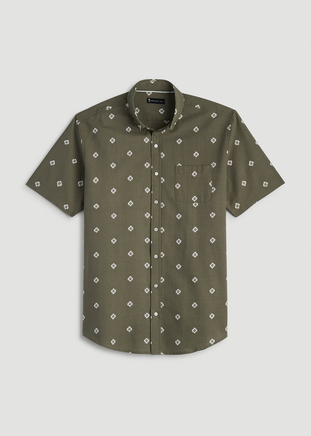 American Tall Online | Seersucker Short Sleeve Shirt for Tall Men in Olive and Beige Floral