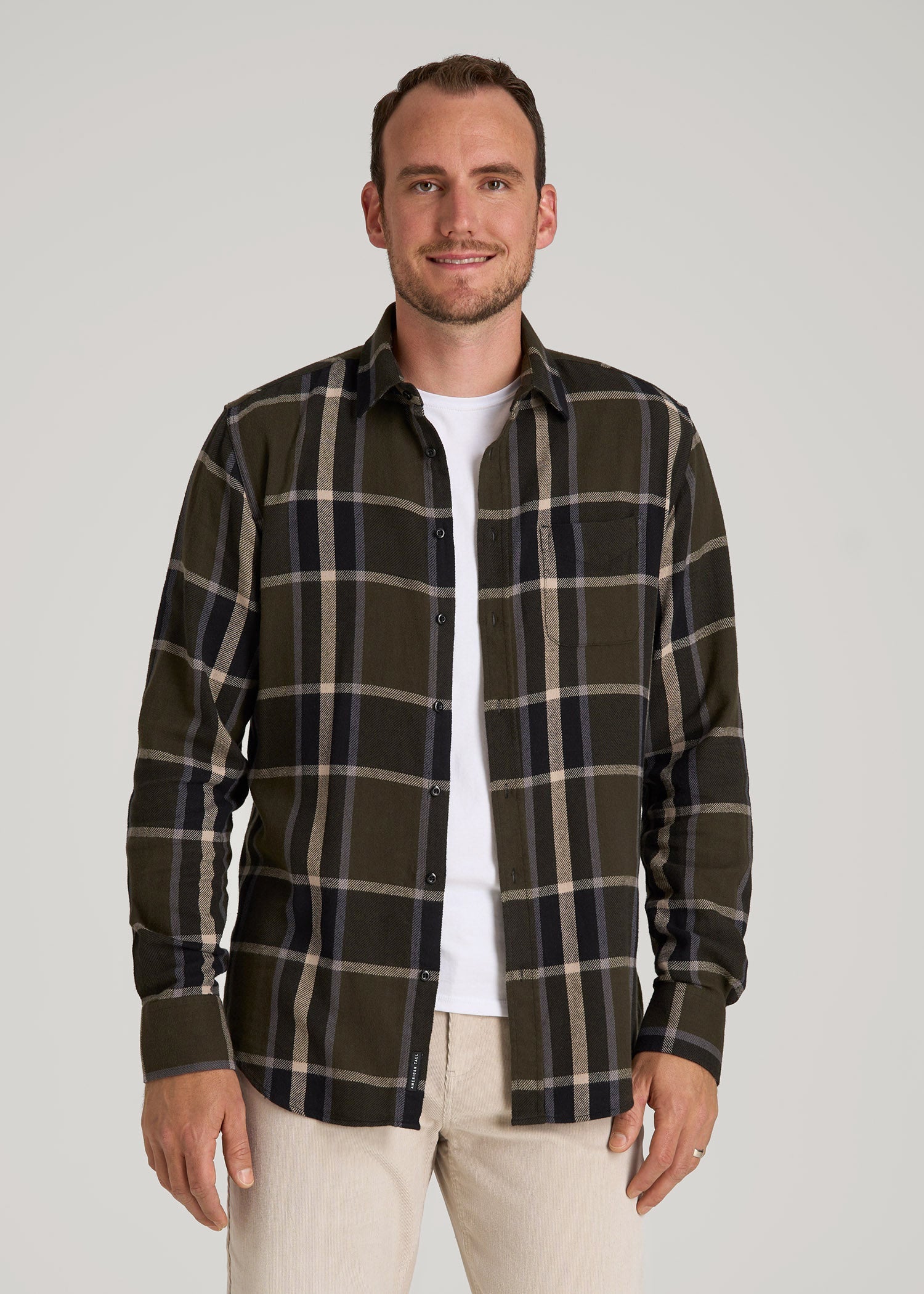 American Tall Sale | Nelson Flannel Shirt for Tall Men in Olive Plaid