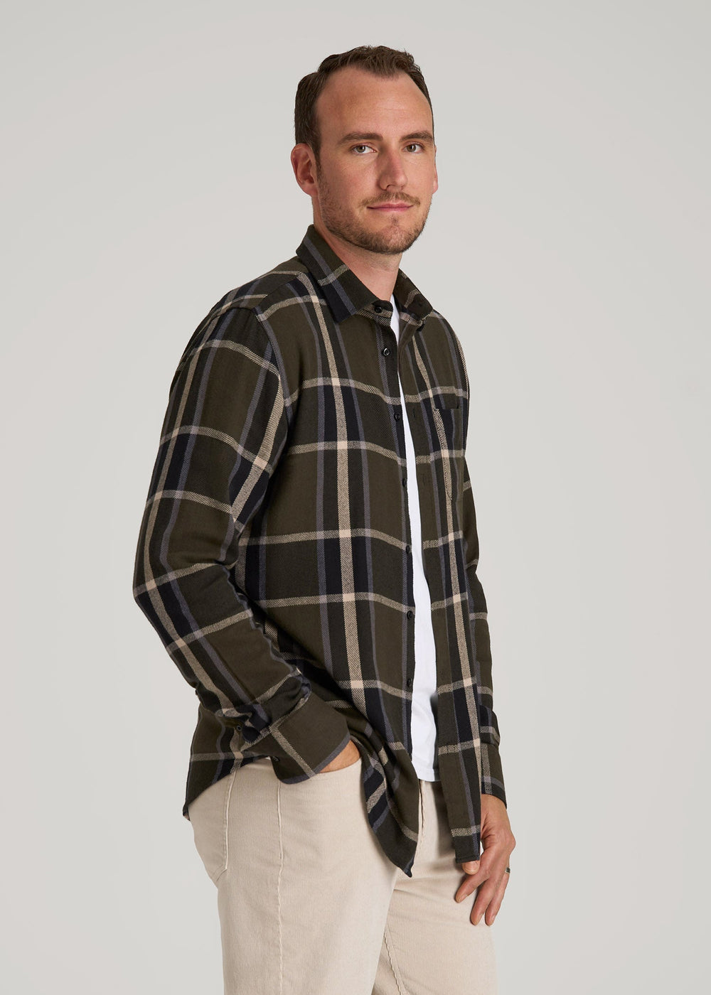 American Tall Sale | Nelson Flannel Shirt for Tall Men in Olive Plaid