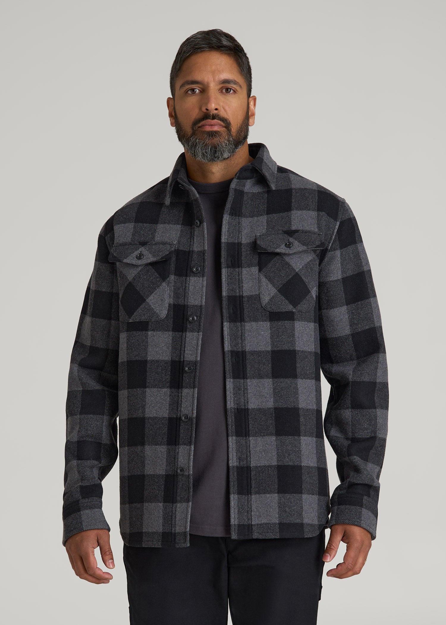 American Tall Online Shop | LJ&S Wool Blend Shirt Jacket for Tall Men in Black and Grey Check