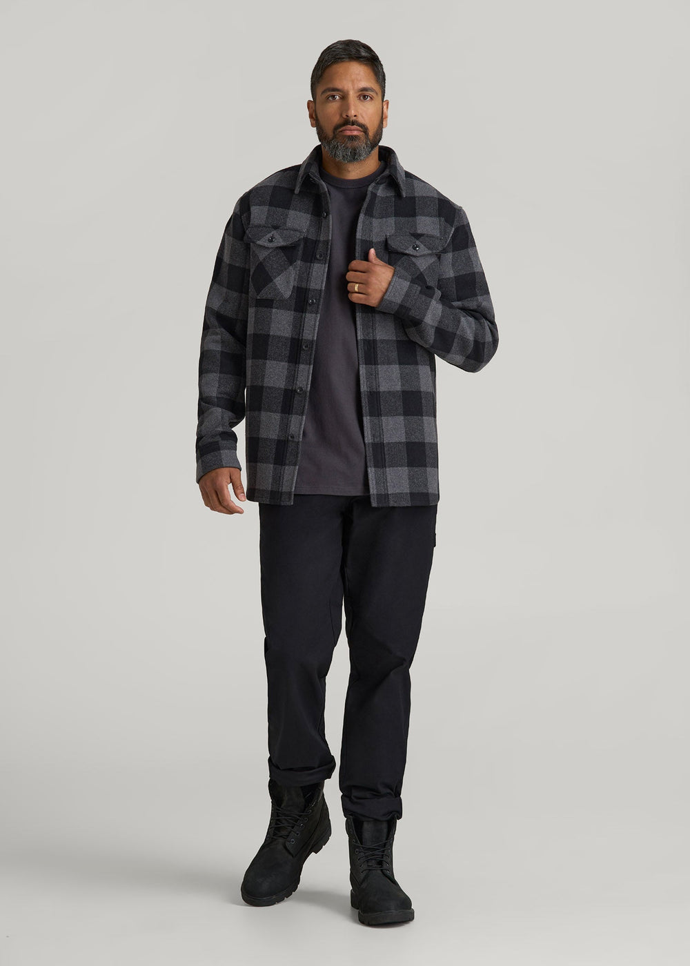 American Tall Online Shop | LJ&S Wool Blend Shirt Jacket for Tall Men in Black and Grey Check