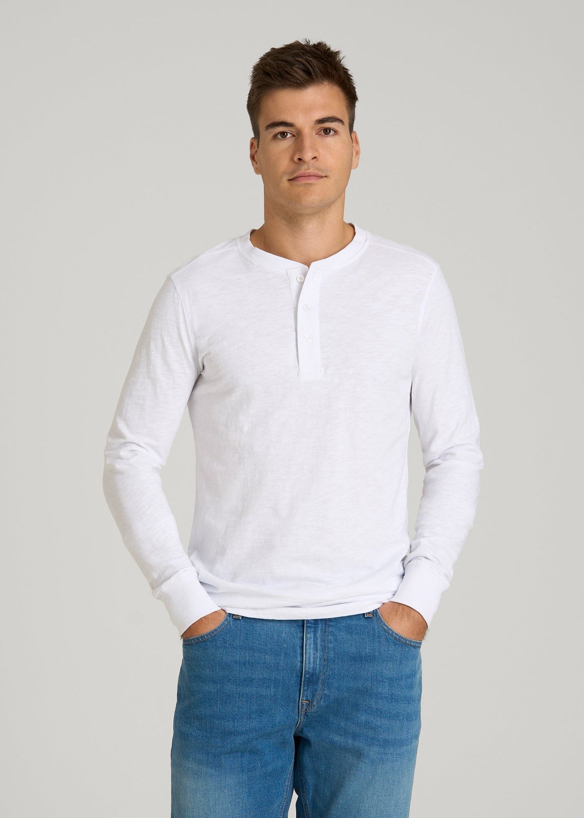 American Tall Online Shop | Three-Button Long Sleeve Slub Henley for Tall Men in White