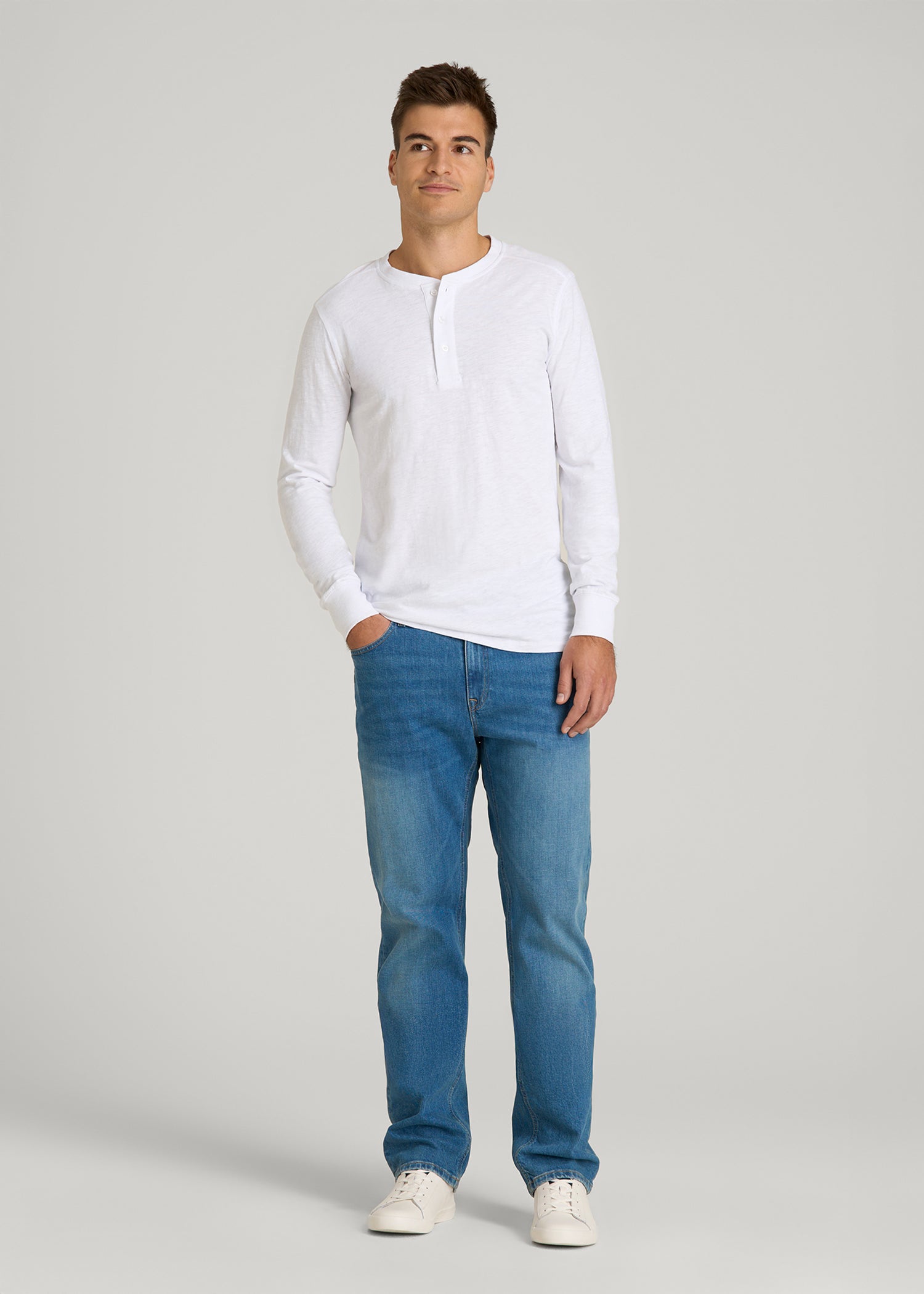 American Tall Online Shop | Three-Button Long Sleeve Slub Henley for Tall Men in White