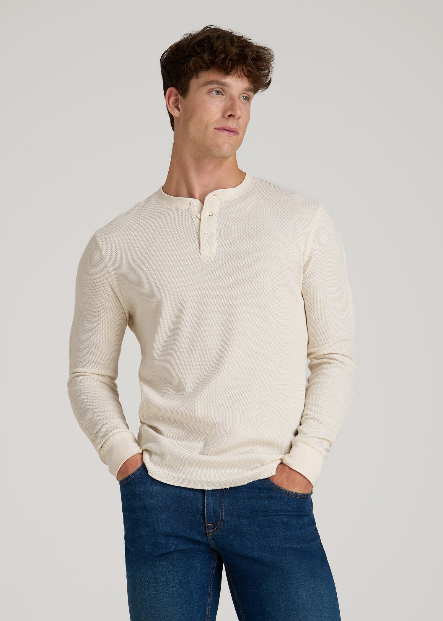 American Tall Discount | Double Honeycomb Thermal Long-Sleeve Henley Shirt for Tall Men in White Alyssum