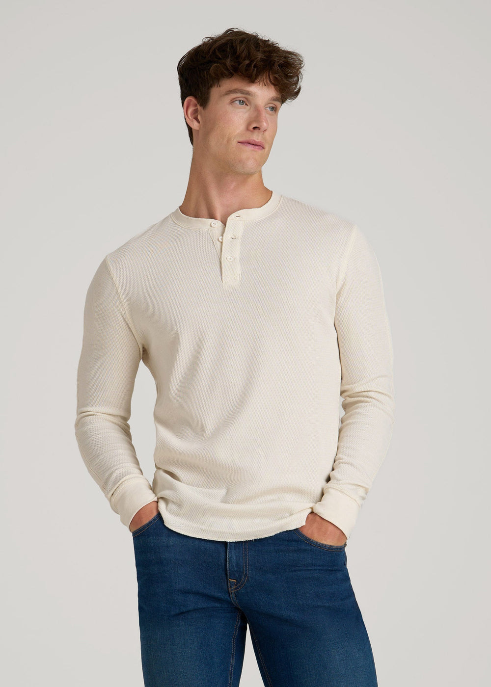 American Tall Discount | Double Honeycomb Thermal Long-Sleeve Henley Shirt for Tall Men in White Alyssum