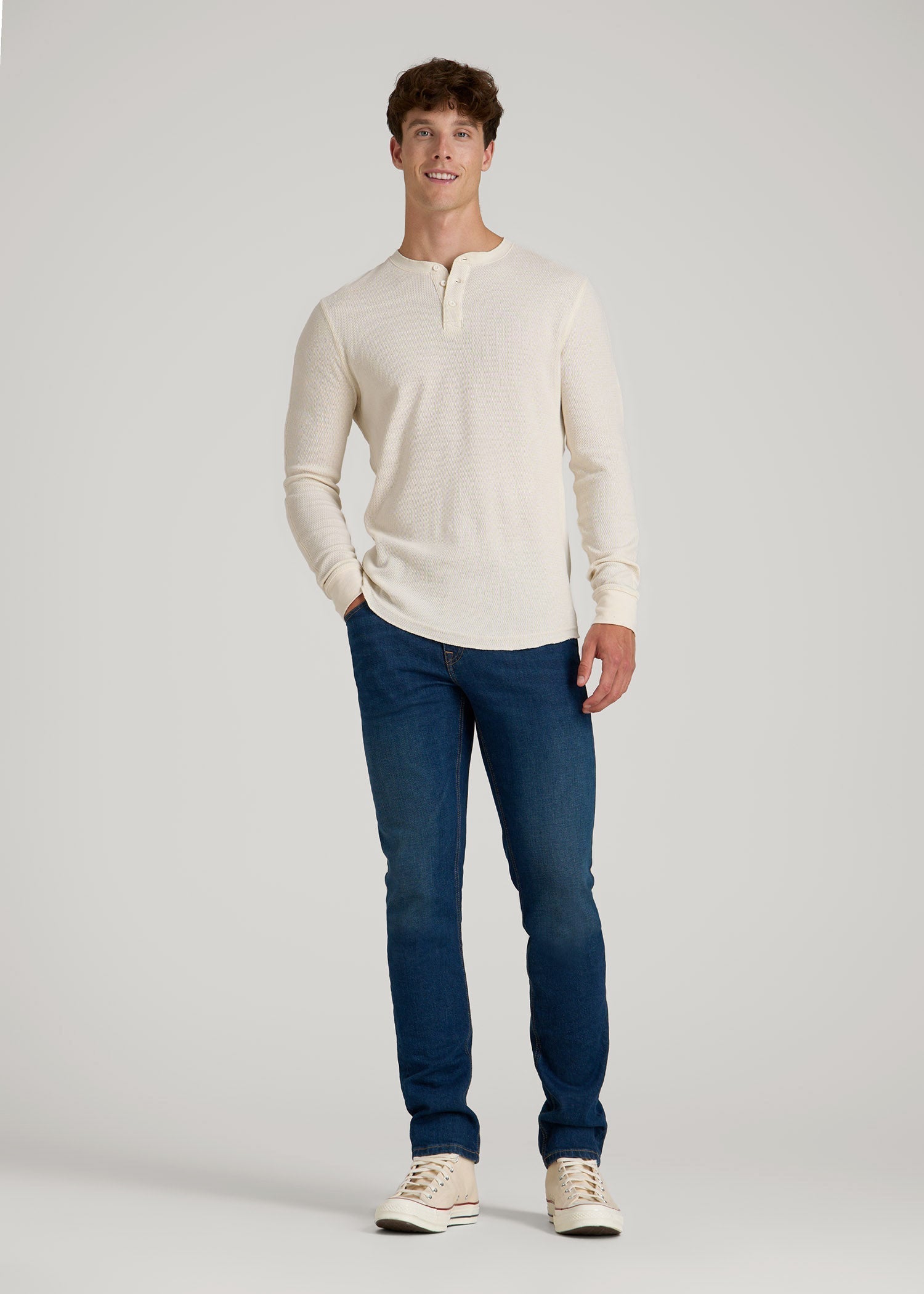American Tall Discount | Double Honeycomb Thermal Long-Sleeve Henley Shirt for Tall Men in White Alyssum