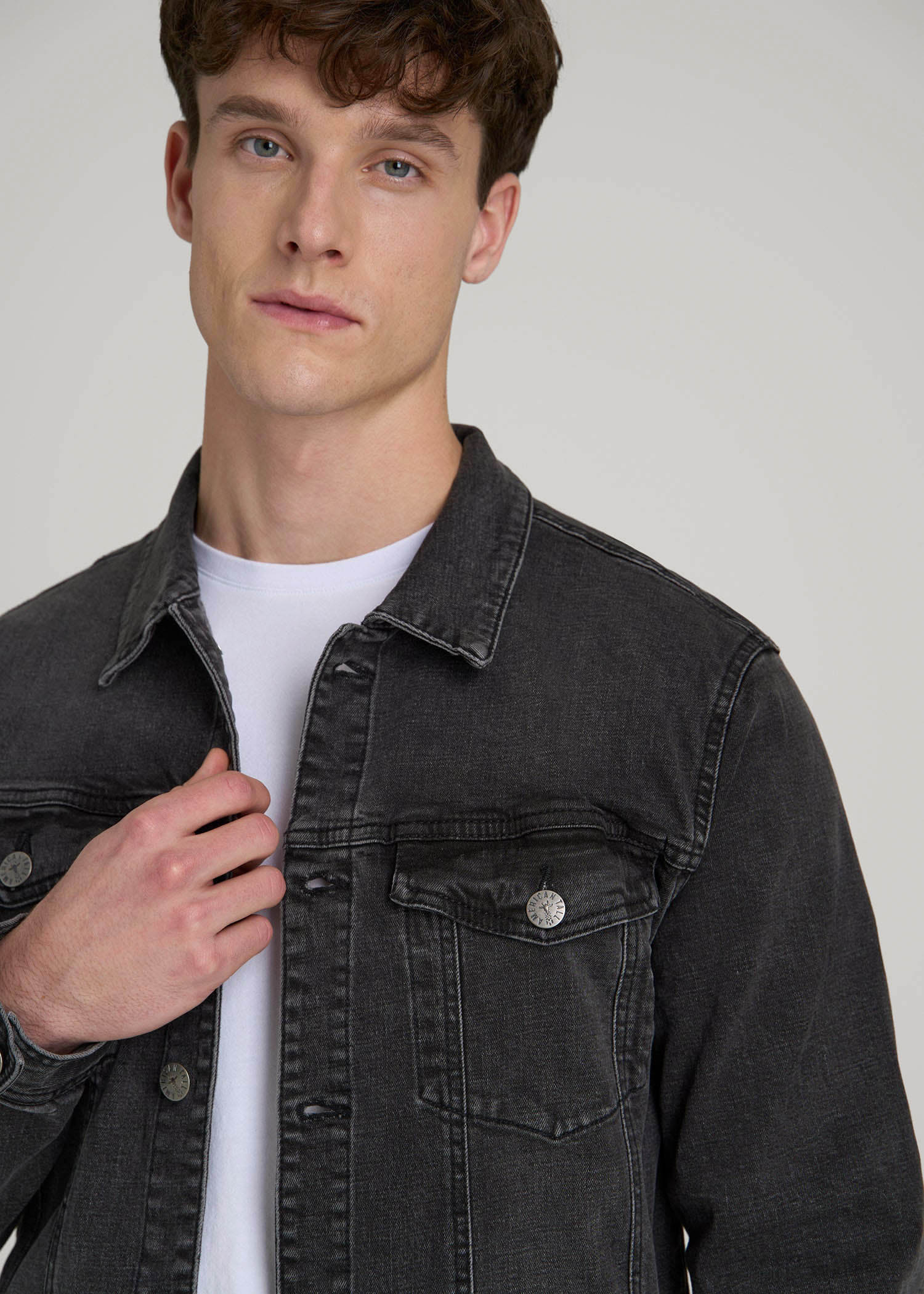 American Tall Sale | Denim Trucker Jacket for Tall Men in Washed Black