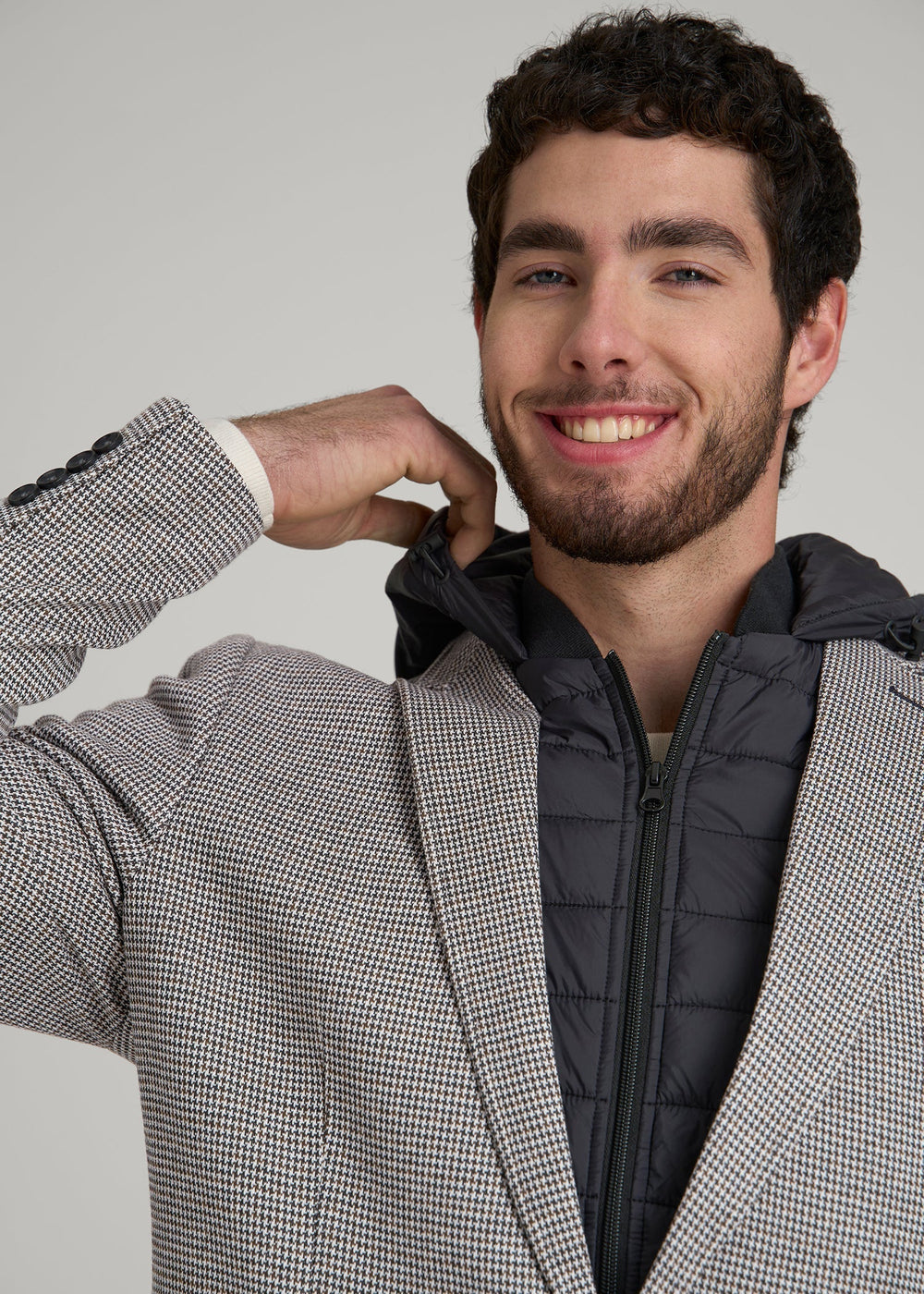 American Tall Outlet | Hooded Bib Blazer for Tall Men in Chocolate and Black Houndstooth