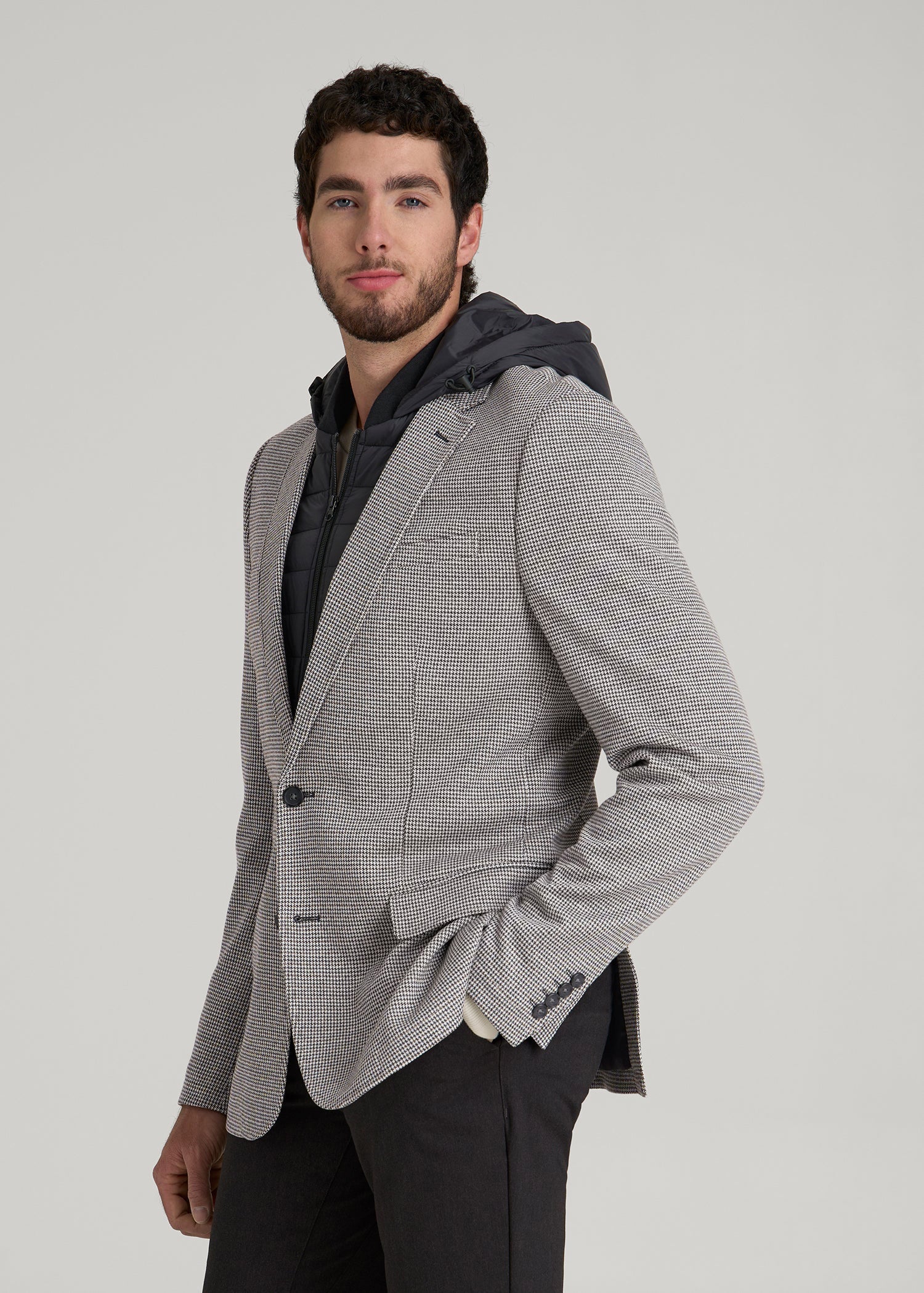 American Tall Outlet | Hooded Bib Blazer for Tall Men in Chocolate and Black Houndstooth