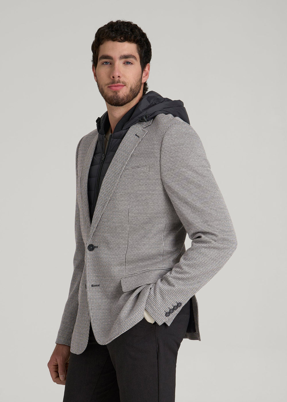 American Tall Outlet | Hooded Bib Blazer for Tall Men in Chocolate and Black Houndstooth