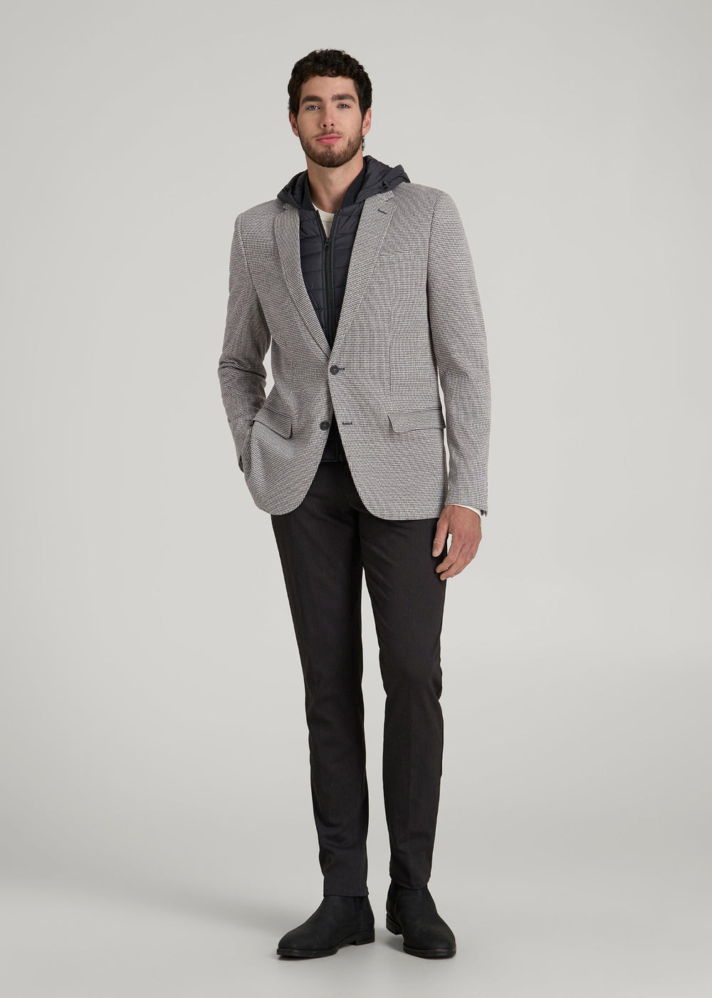 American Tall Outlet | Hooded Bib Blazer for Tall Men in Chocolate and Black Houndstooth
