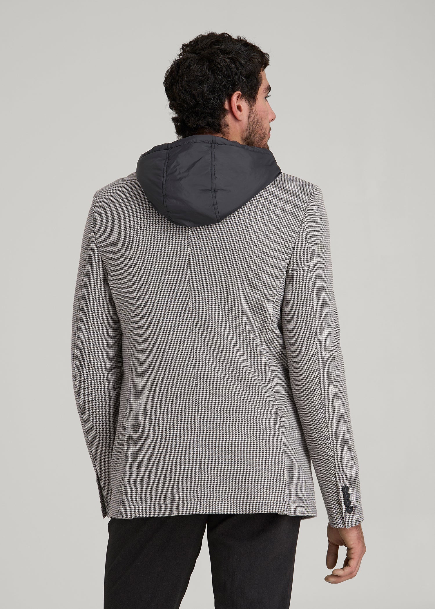 American Tall Outlet | Hooded Bib Blazer for Tall Men in Chocolate and Black Houndstooth