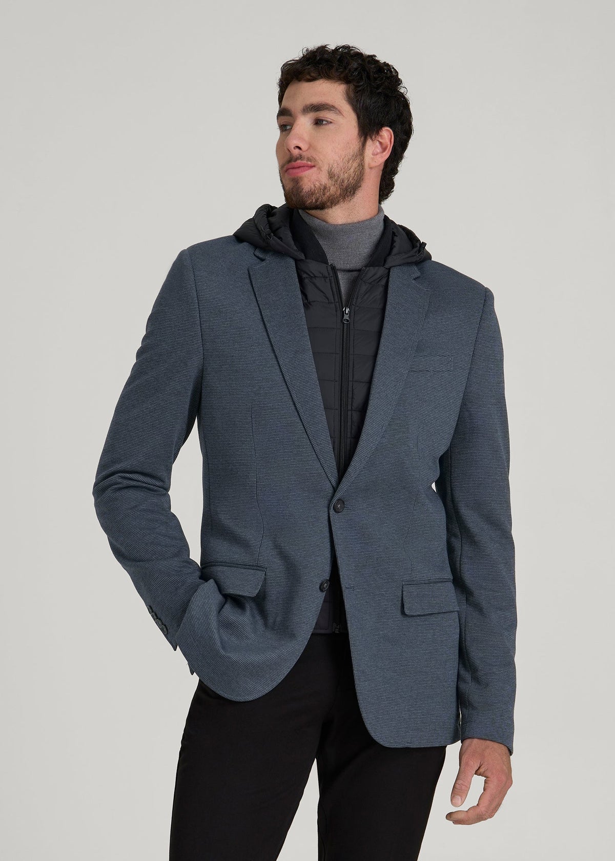 American Tall Discount | Hooded Bib Blazer for Tall Men in Black and Grey Houndstooth