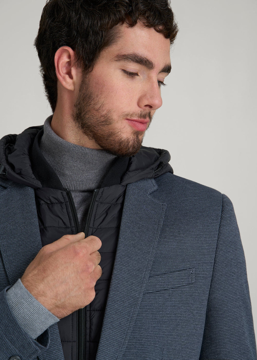 American Tall Discount | Hooded Bib Blazer for Tall Men in Black and Grey Houndstooth
