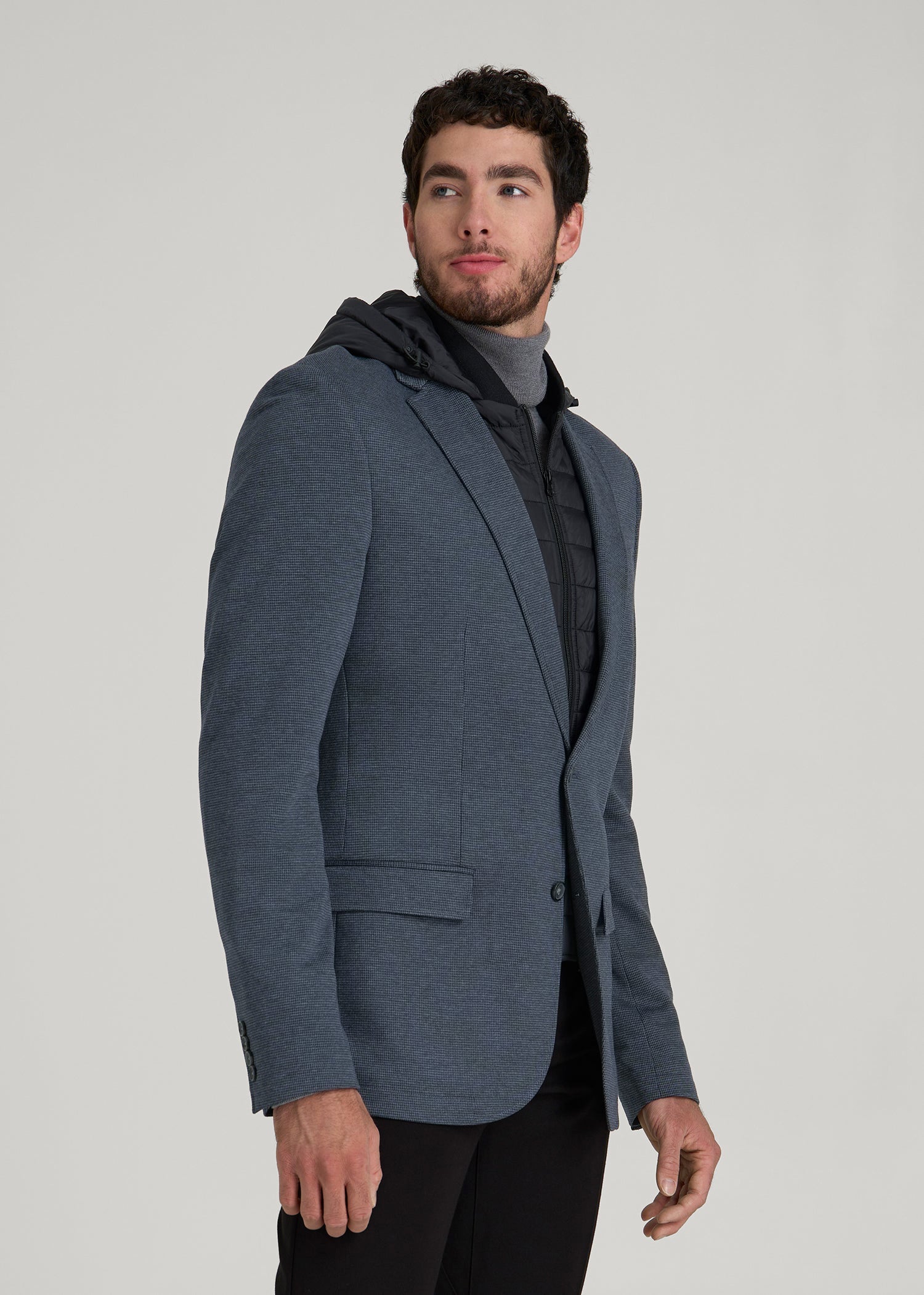 American Tall Discount | Hooded Bib Blazer for Tall Men in Black and Grey Houndstooth