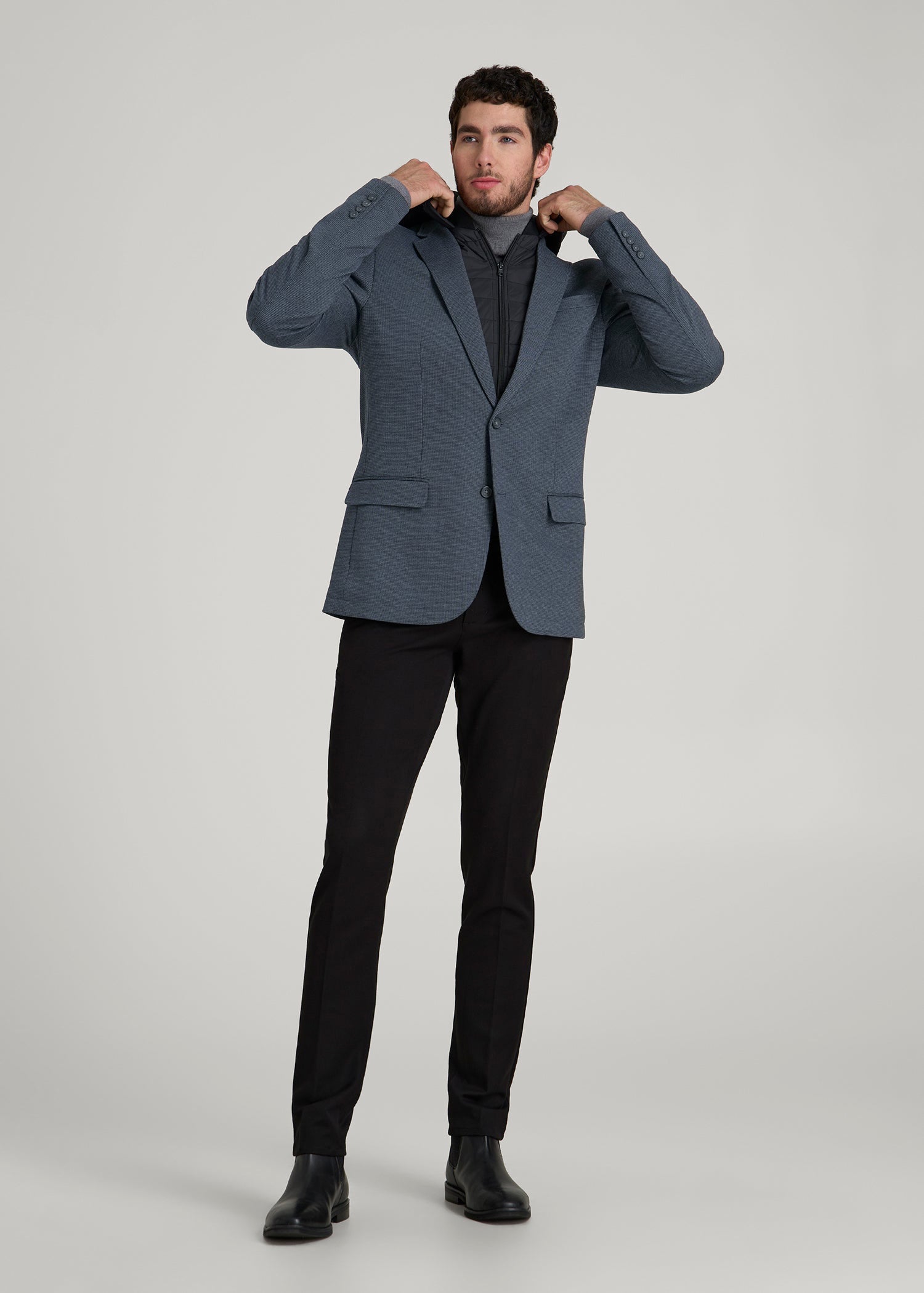 American Tall Discount | Hooded Bib Blazer for Tall Men in Black and Grey Houndstooth