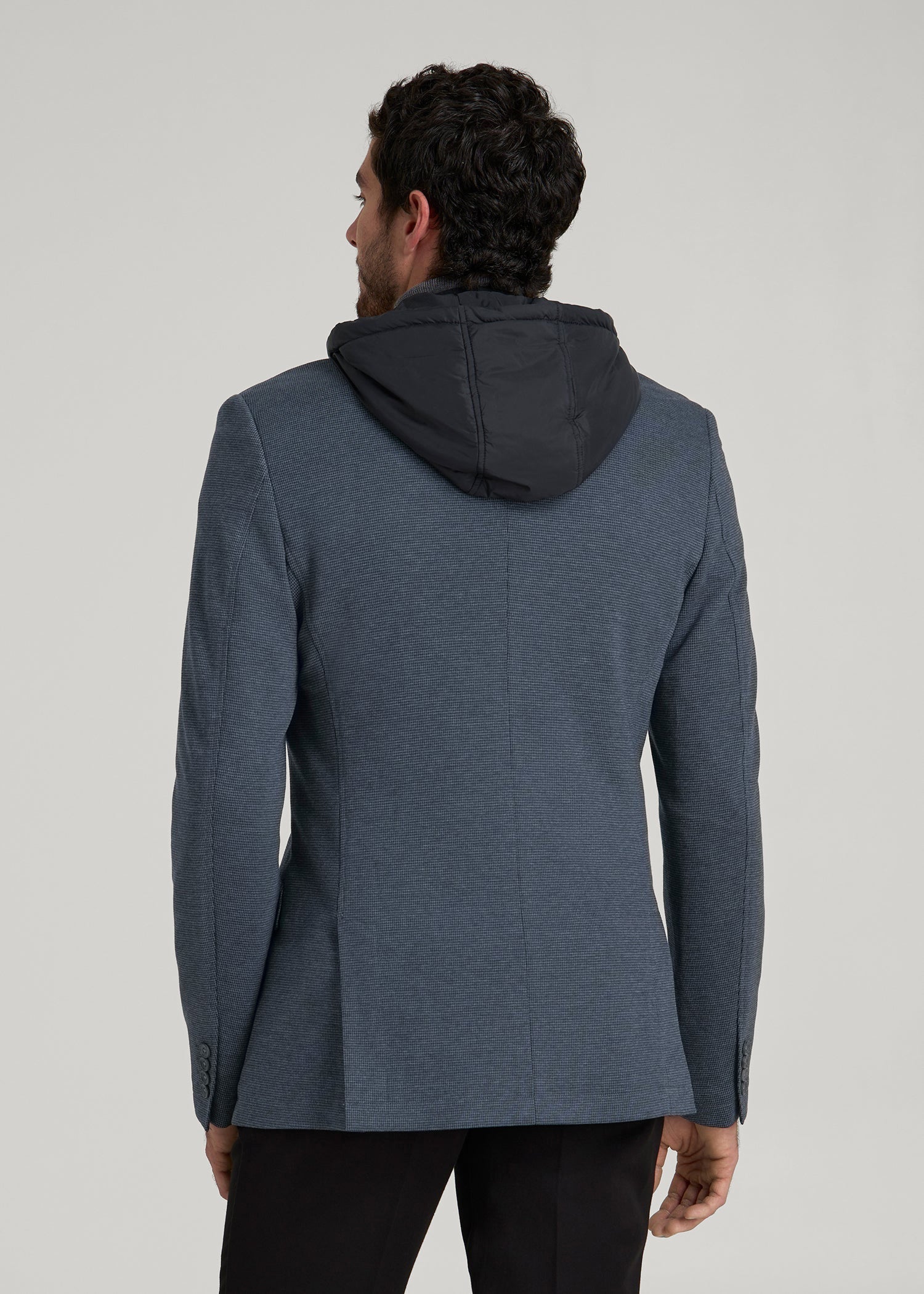 American Tall Discount | Hooded Bib Blazer for Tall Men in Black and Grey Houndstooth