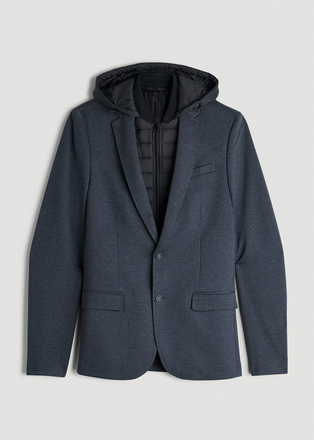 American Tall Discount | Hooded Bib Blazer for Tall Men in Black and Grey Houndstooth