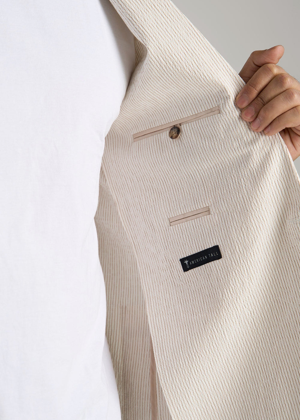 American Tall Sale | Stretch Seersucker Blazer for Tall Men in Off White and Beige Stripe