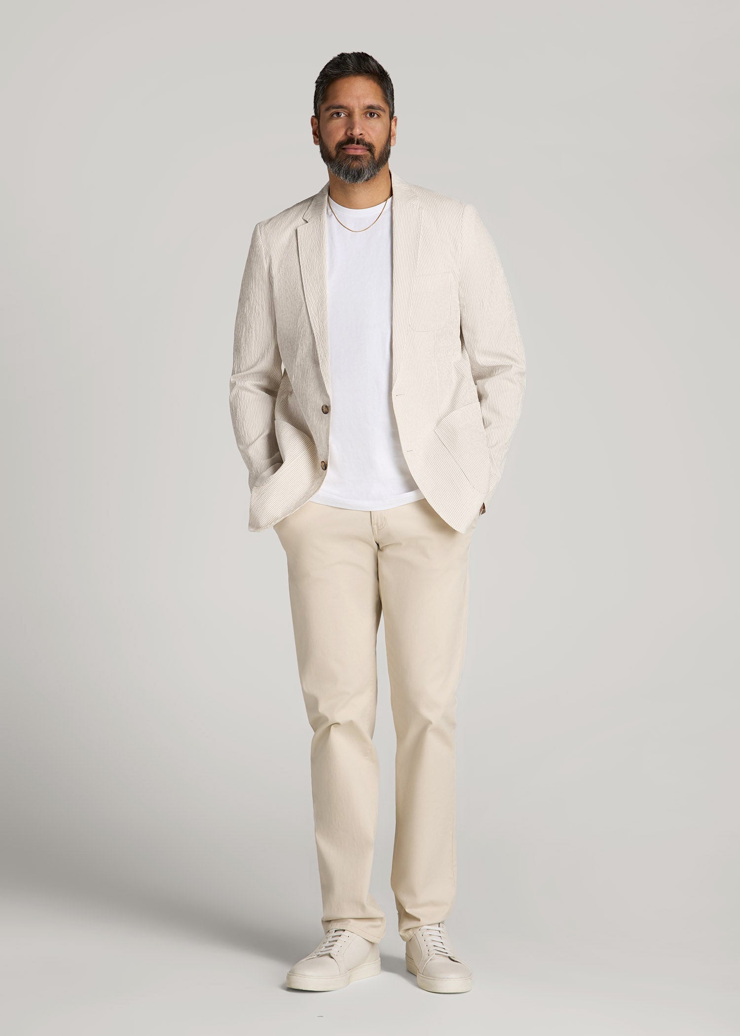 American Tall Sale | Stretch Seersucker Blazer for Tall Men in Off White and Beige Stripe