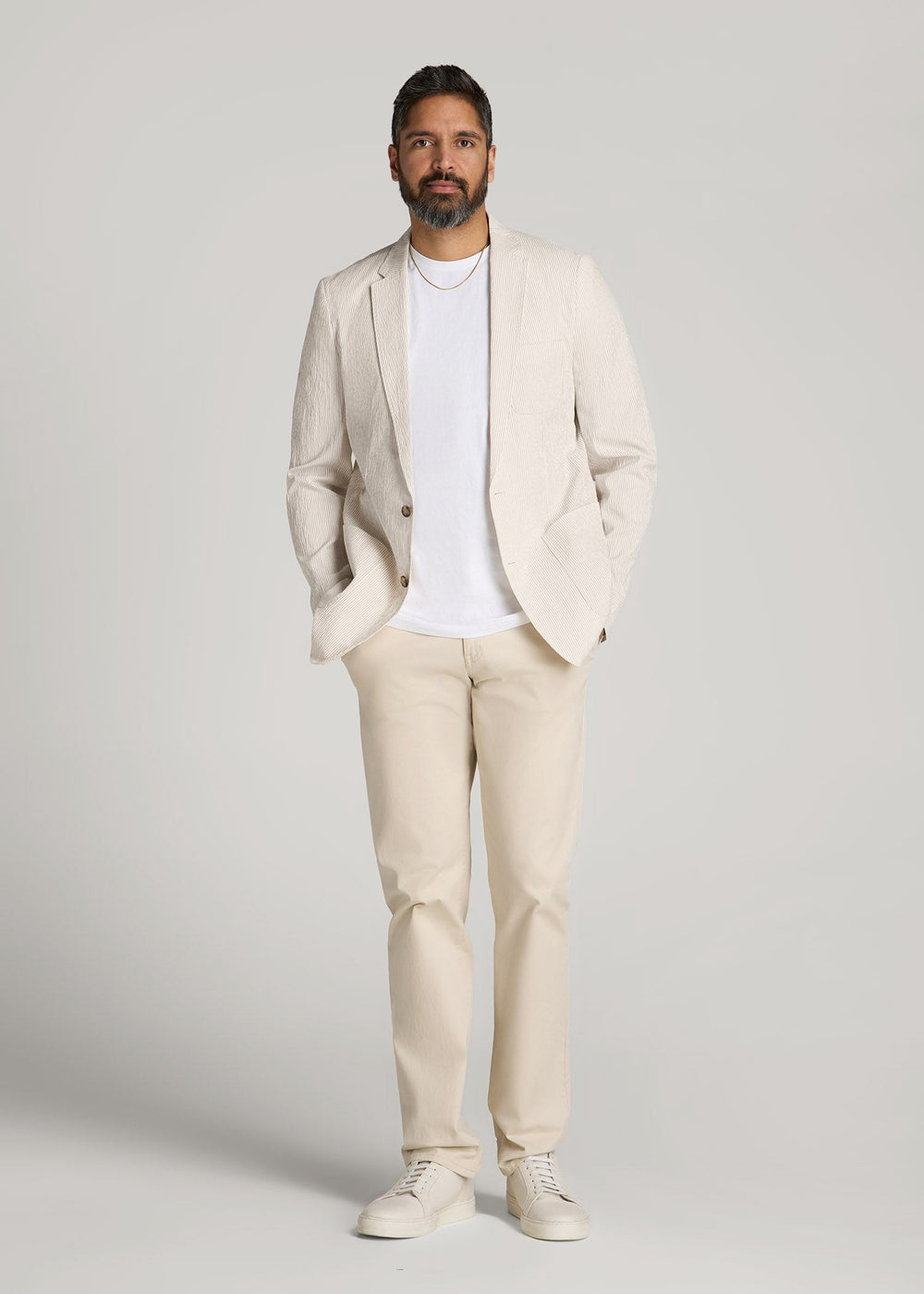 American Tall Sale | Stretch Seersucker Blazer for Tall Men in Off White and Beige Stripe