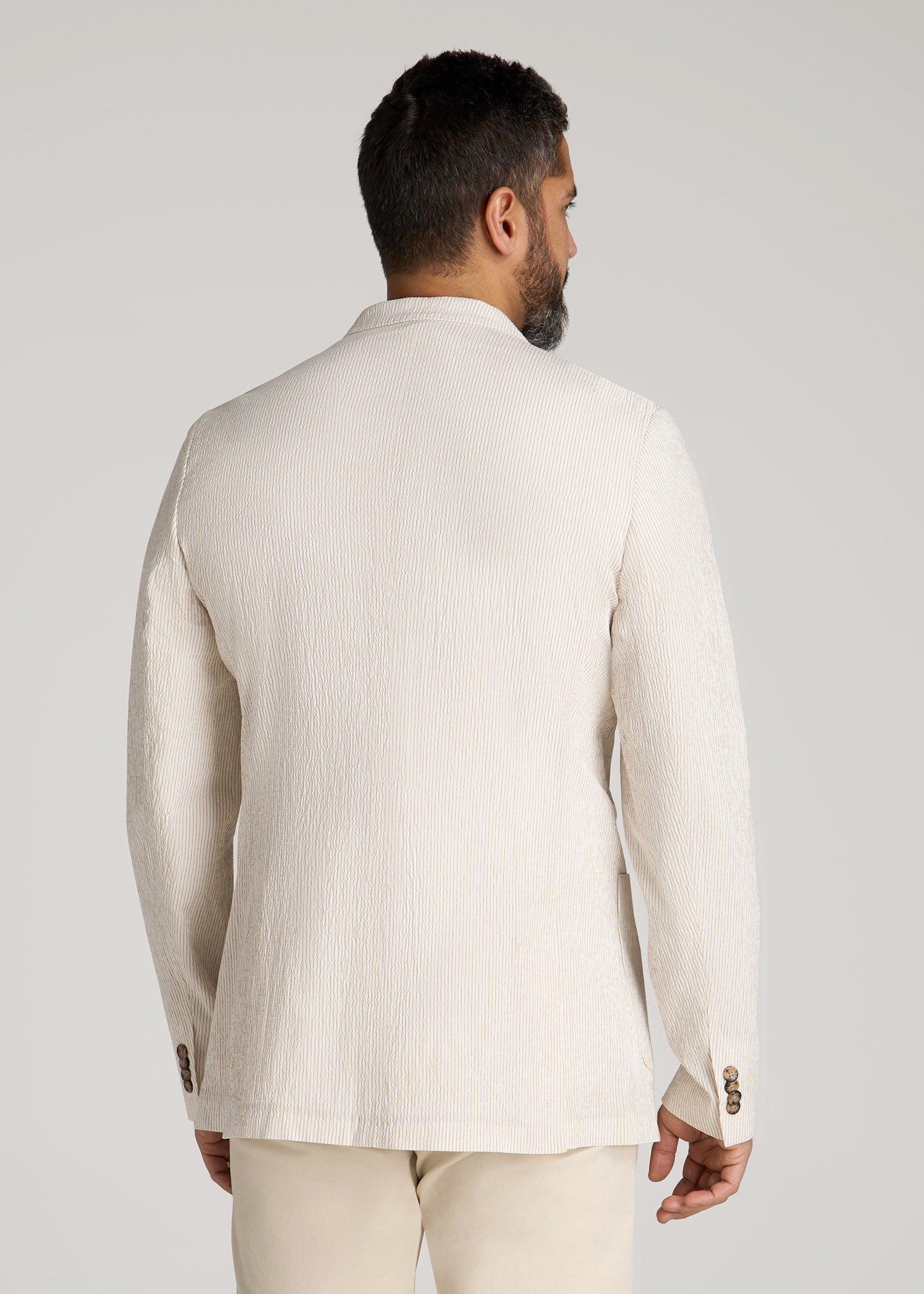 American Tall Sale | Stretch Seersucker Blazer for Tall Men in Off White and Beige Stripe
