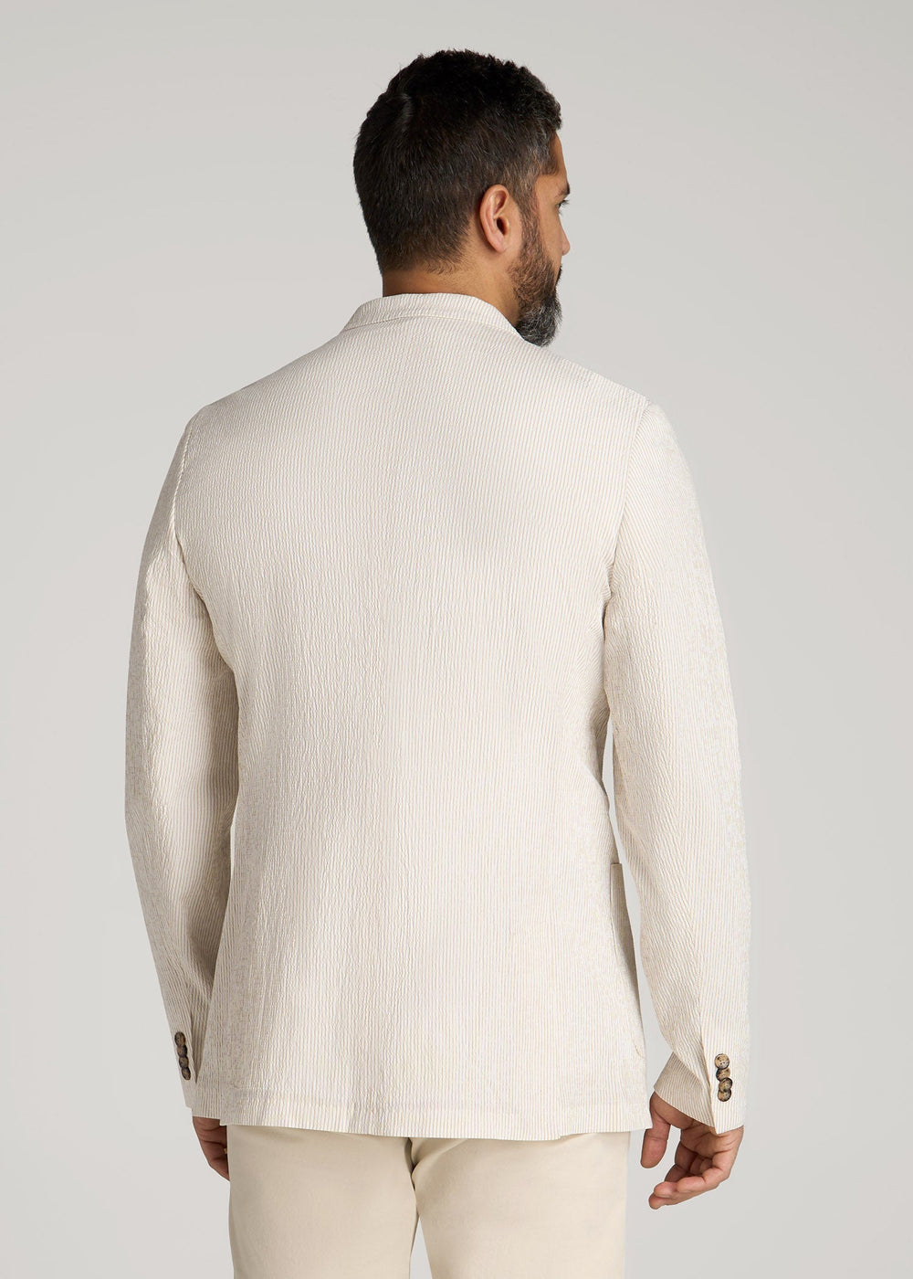 American Tall Sale | Stretch Seersucker Blazer for Tall Men in Off White and Beige Stripe