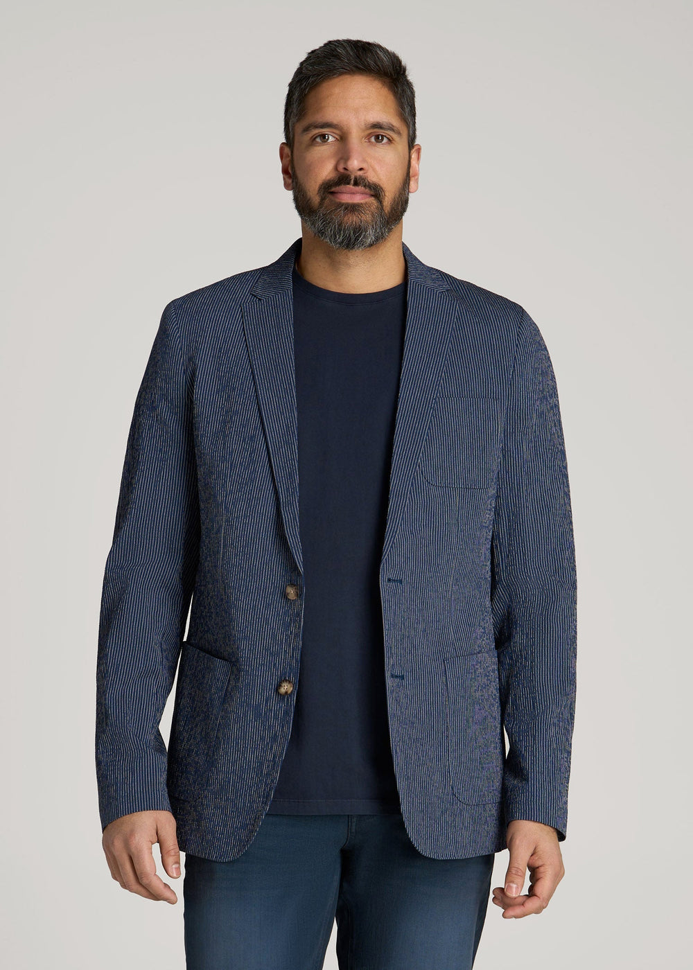 American Tall For Sale | Stretch Seersucker Blazer for Tall Men in Navy and Off White Stripe