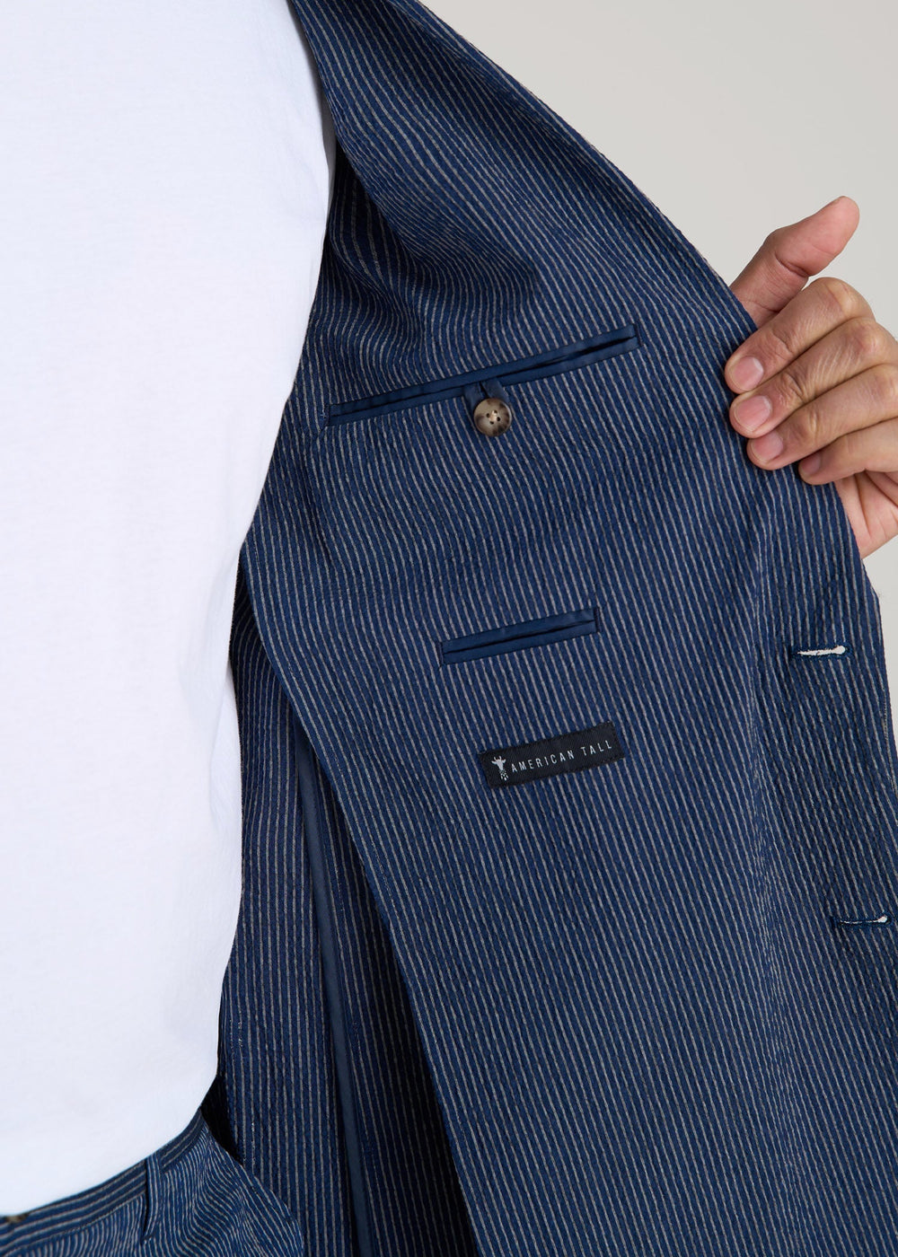 American Tall For Sale | Stretch Seersucker Blazer for Tall Men in Navy and Off White Stripe