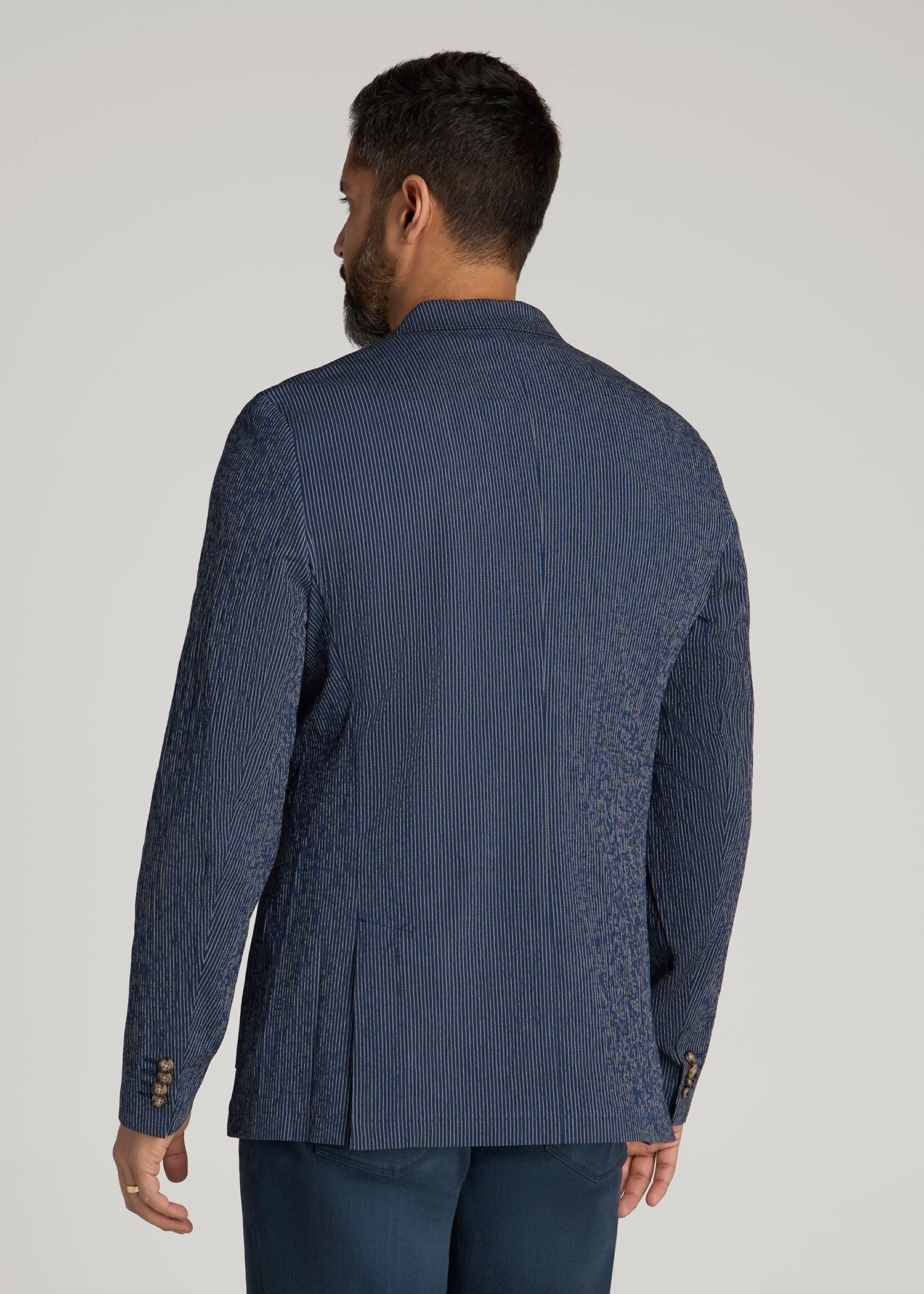 American Tall For Sale | Stretch Seersucker Blazer for Tall Men in Navy and Off White Stripe