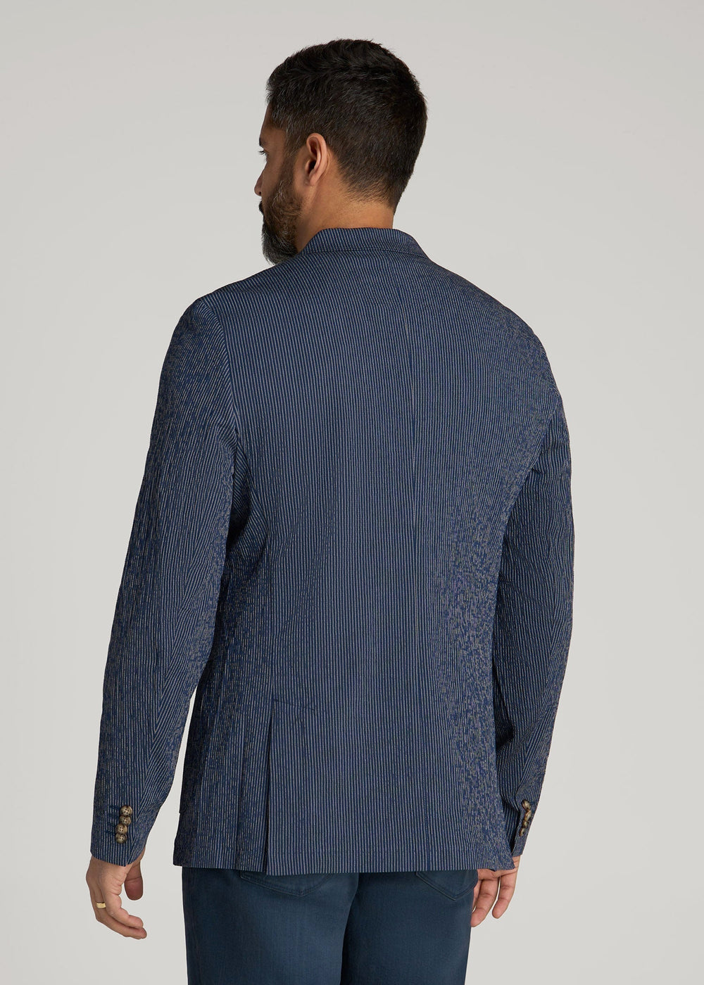 American Tall For Sale | Stretch Seersucker Blazer for Tall Men in Navy and Off White Stripe