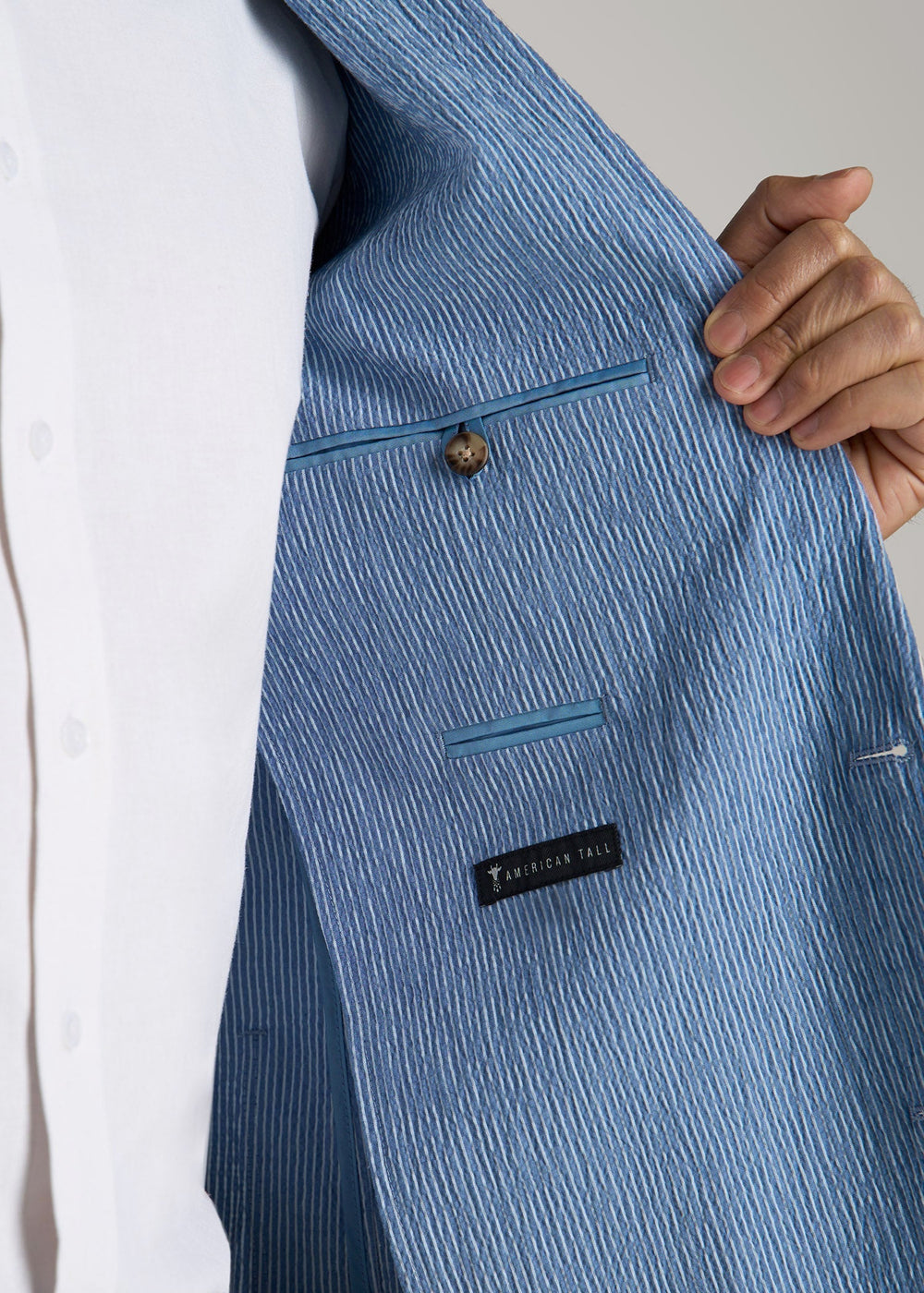 American Tall Discount | Stretch Seersucker Blazer for Tall Men in Tonal Blue Stripe